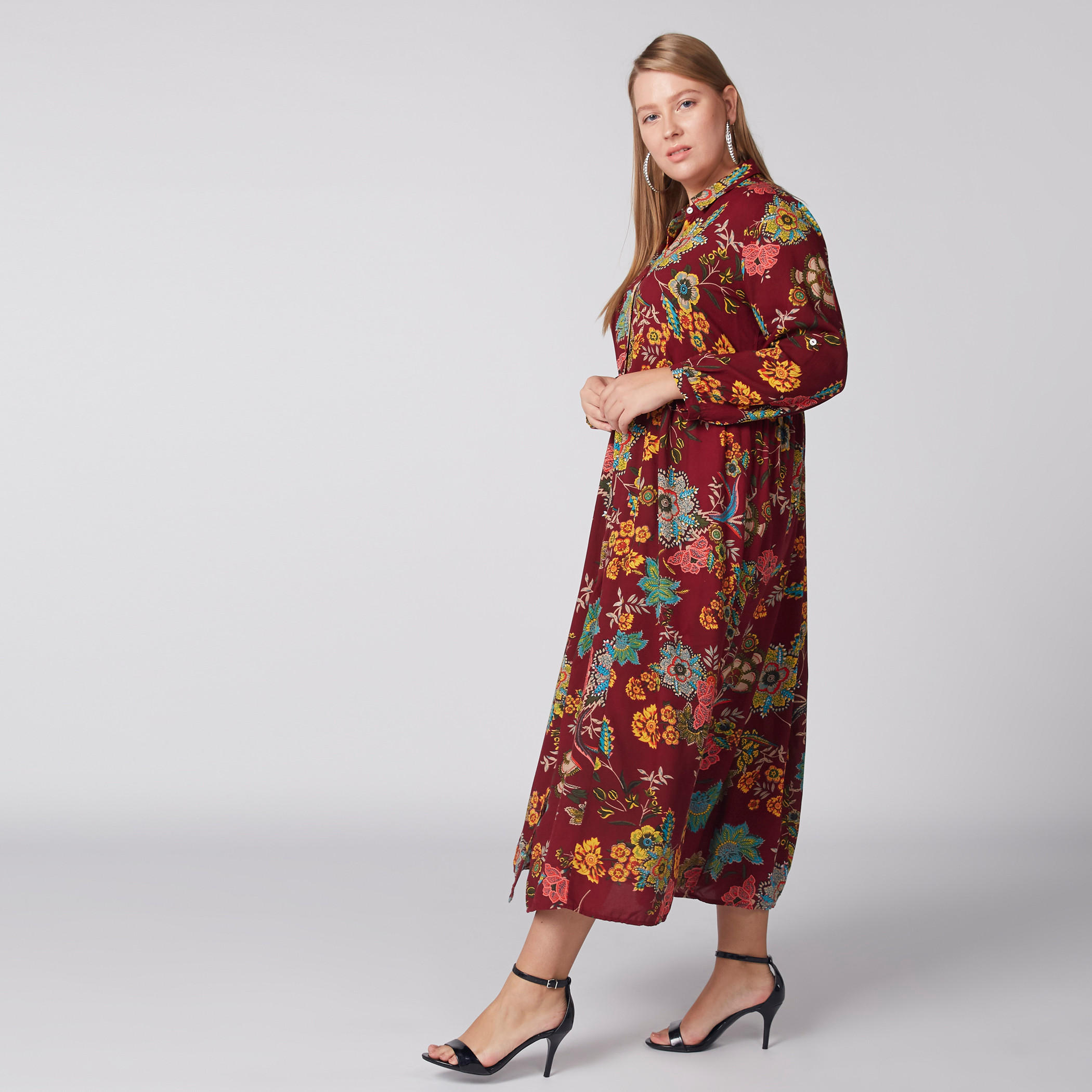 Floral Printed Midi Dress with Long Sleeves and Complete Placket-women-clothing-dresses-image-4