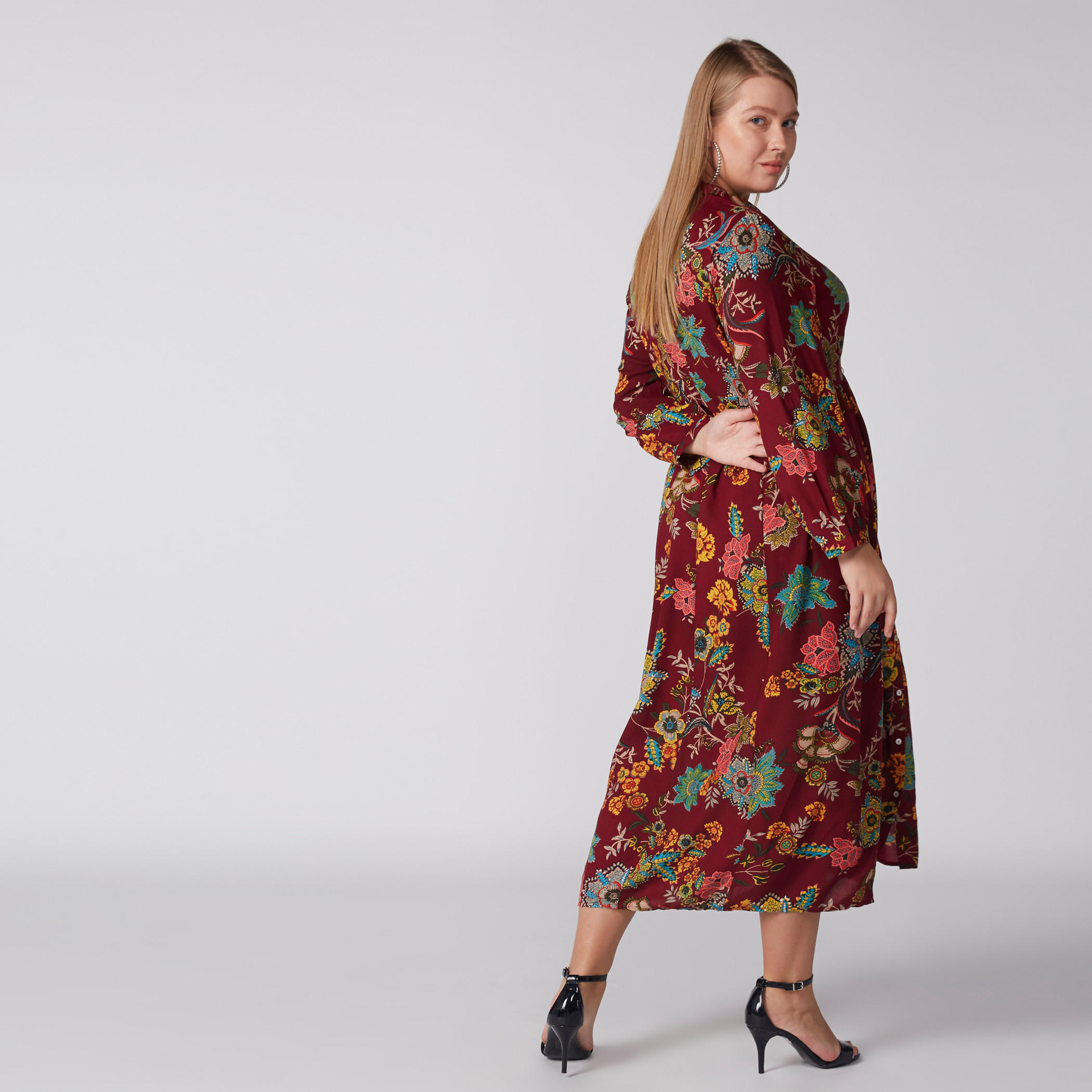 Floral Printed Midi Dress with Long Sleeves and Complete Placket-women-clothing-dresses-image-5