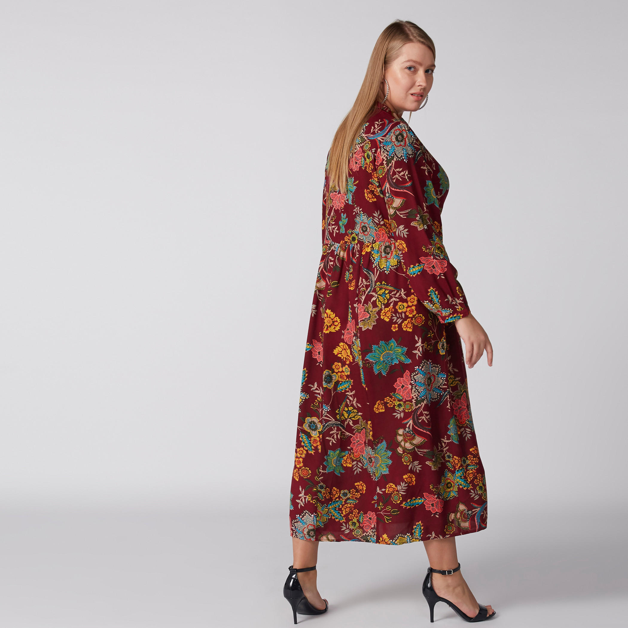 Floral Printed Midi Dress with Long Sleeves and Complete Placket-women-clothing-dresses-image-6