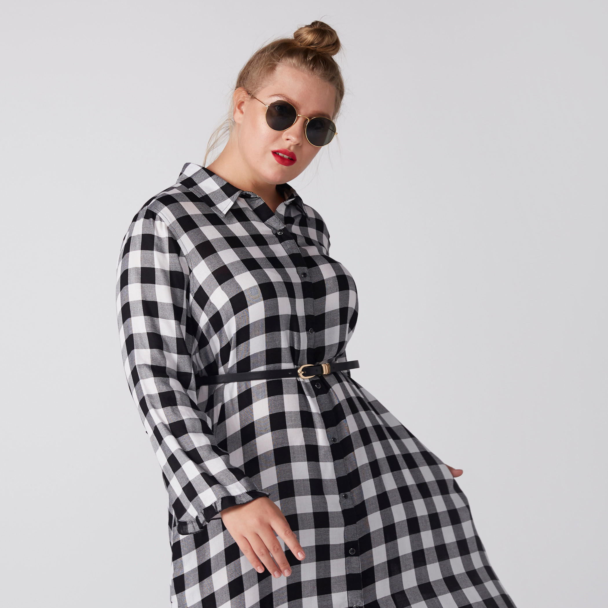 Chequered Maxi Dress with Long Sleeves and Complete Placket-women-clothing-dresses-image-2