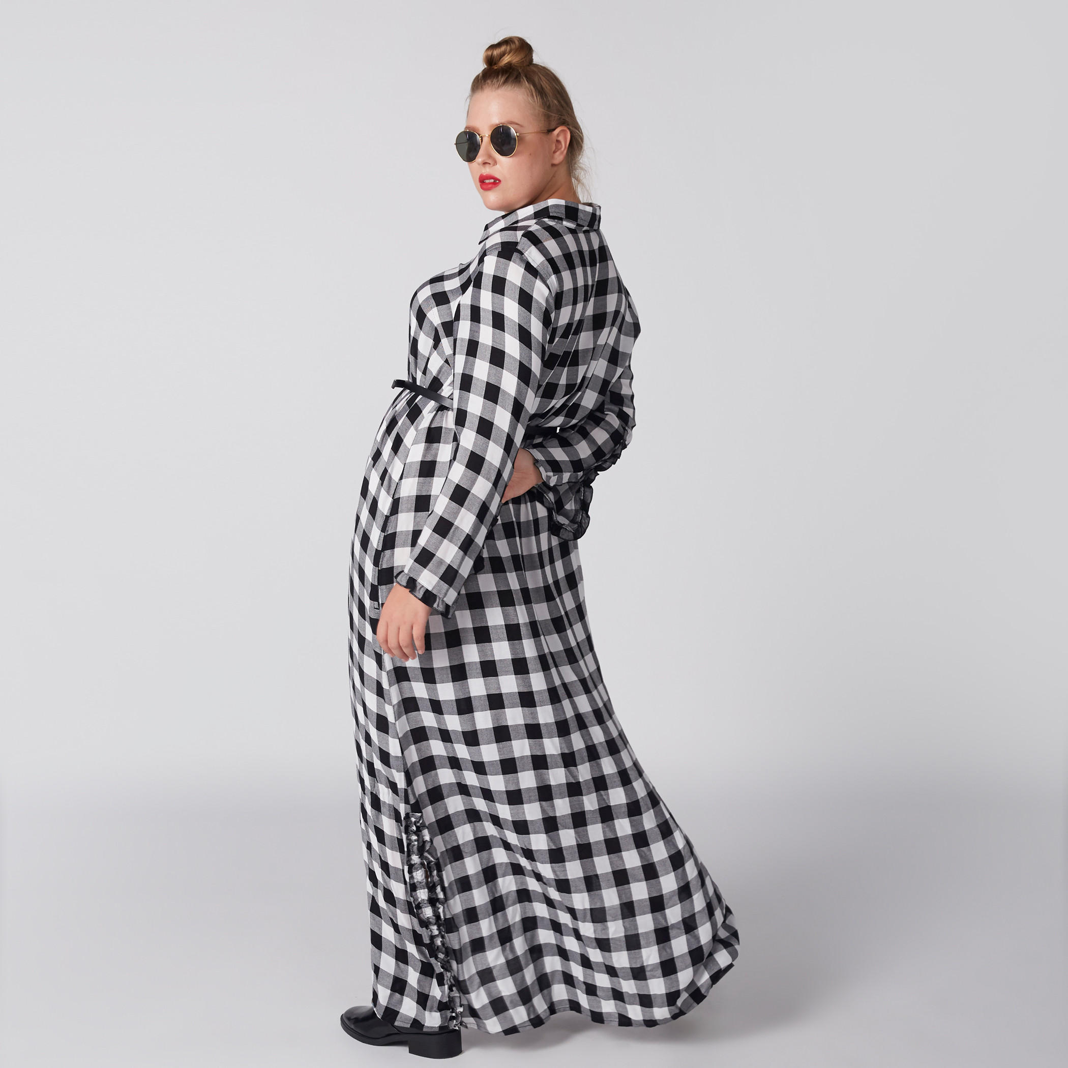 Chequered Maxi Dress with Long Sleeves and Complete Placket-women-clothing-dresses-image-3