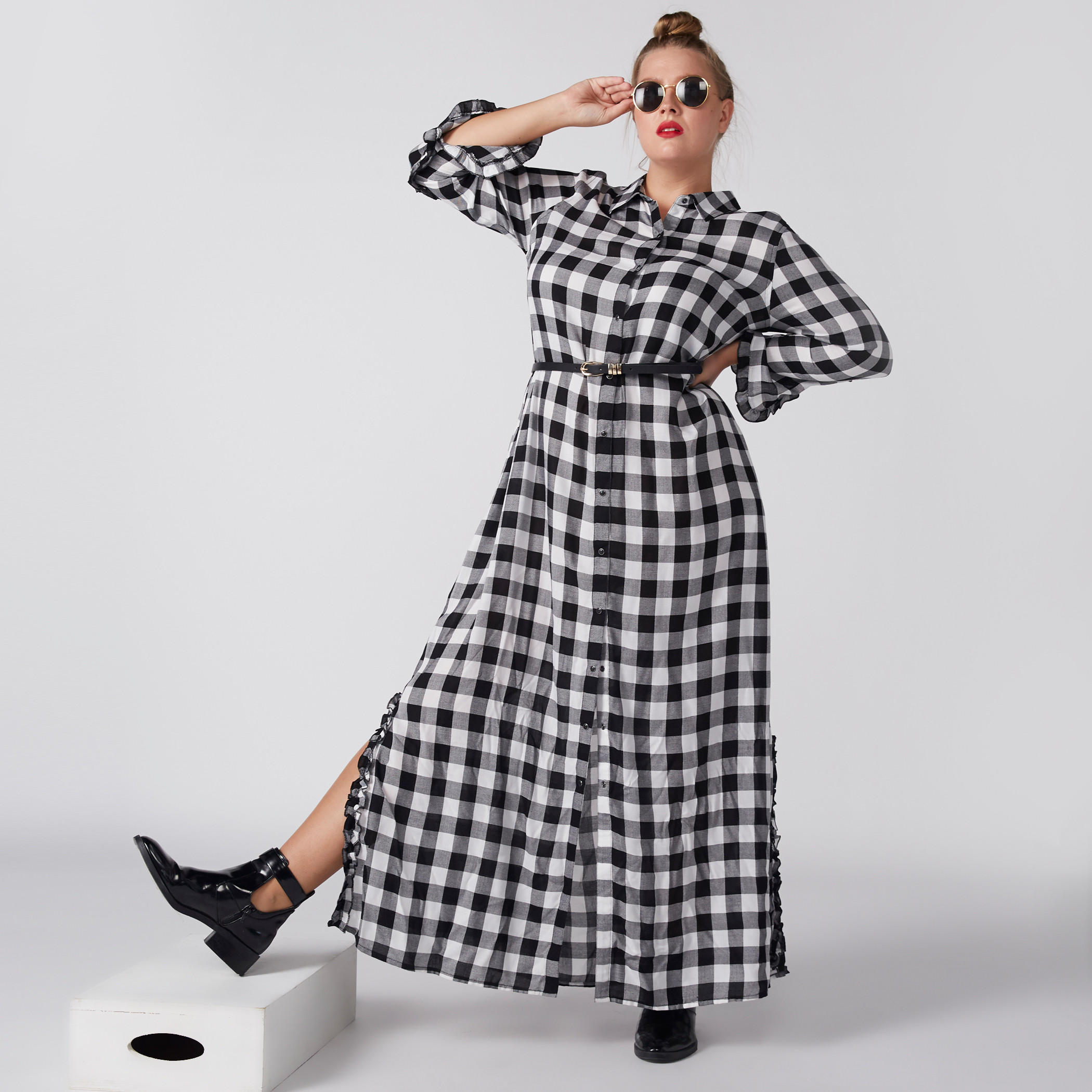 Chequered Maxi Dress with Long Sleeves and Complete Placket-women-clothing-dresses-image-4
