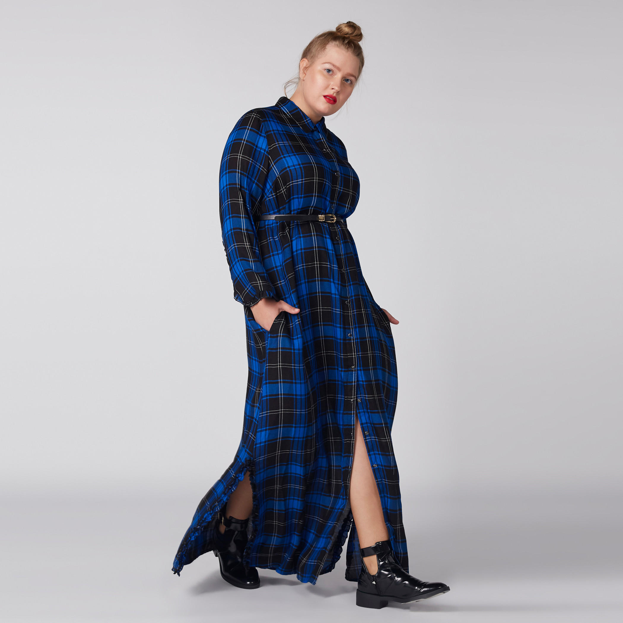 فستان ماكسي كاروهات بأكمام طويلة وجيوب-women-clothing-dresses-image-2