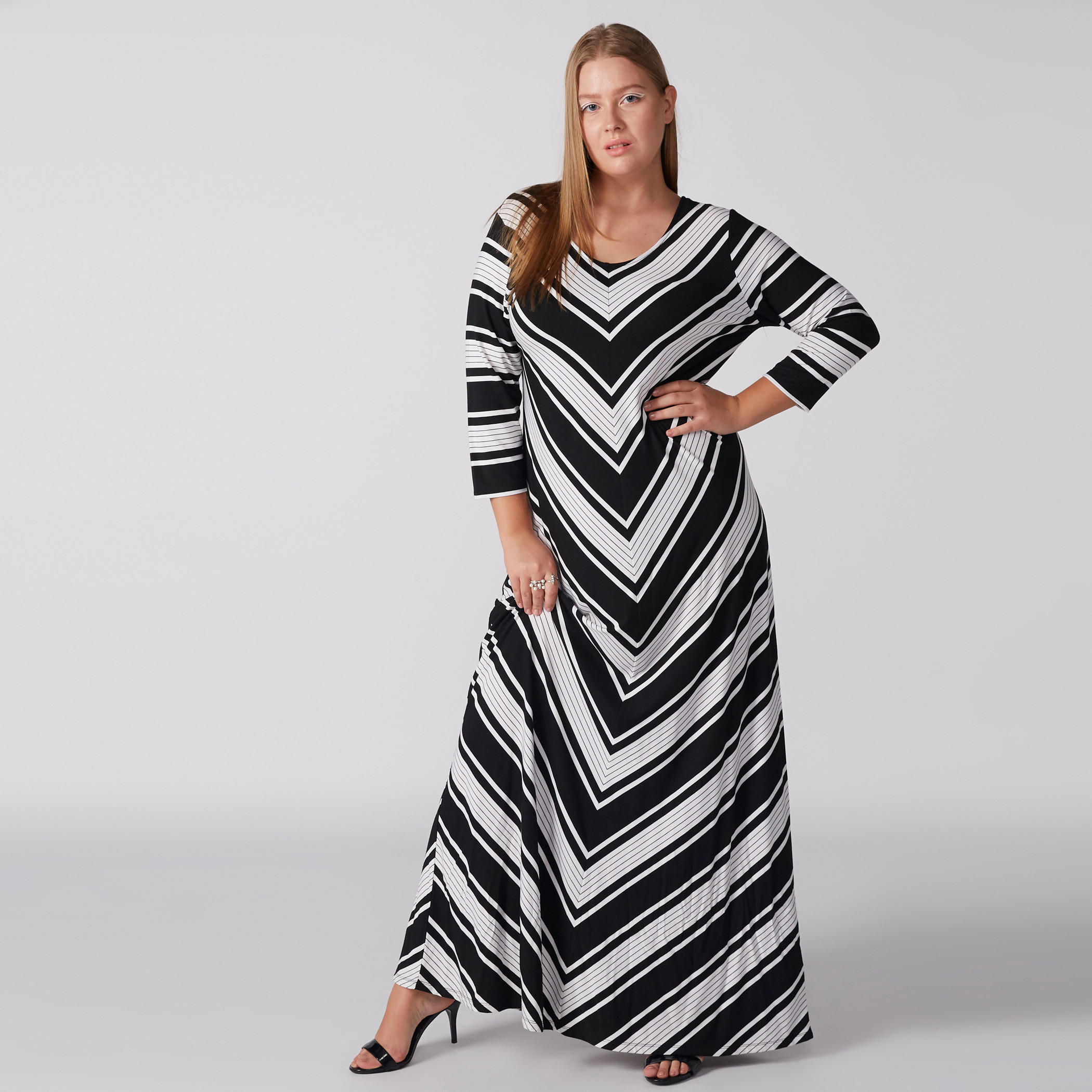 فستان طويل مقلم بياقة مستديرة وأكمام 3/4-women-clothing-dresses-image-1