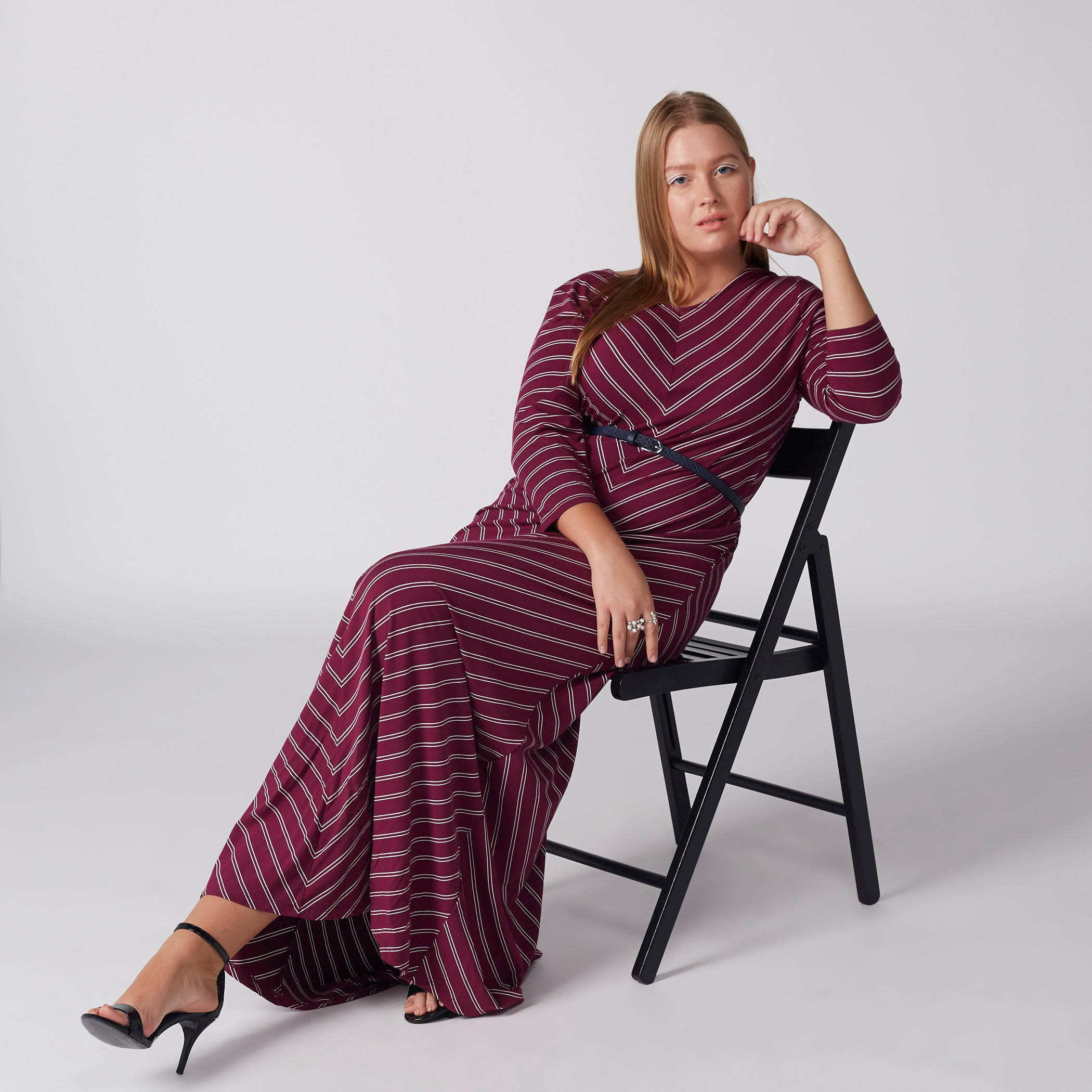 Striped Maxi Dress with 3/4 Sleeves-women-clothing-dresses-image-4