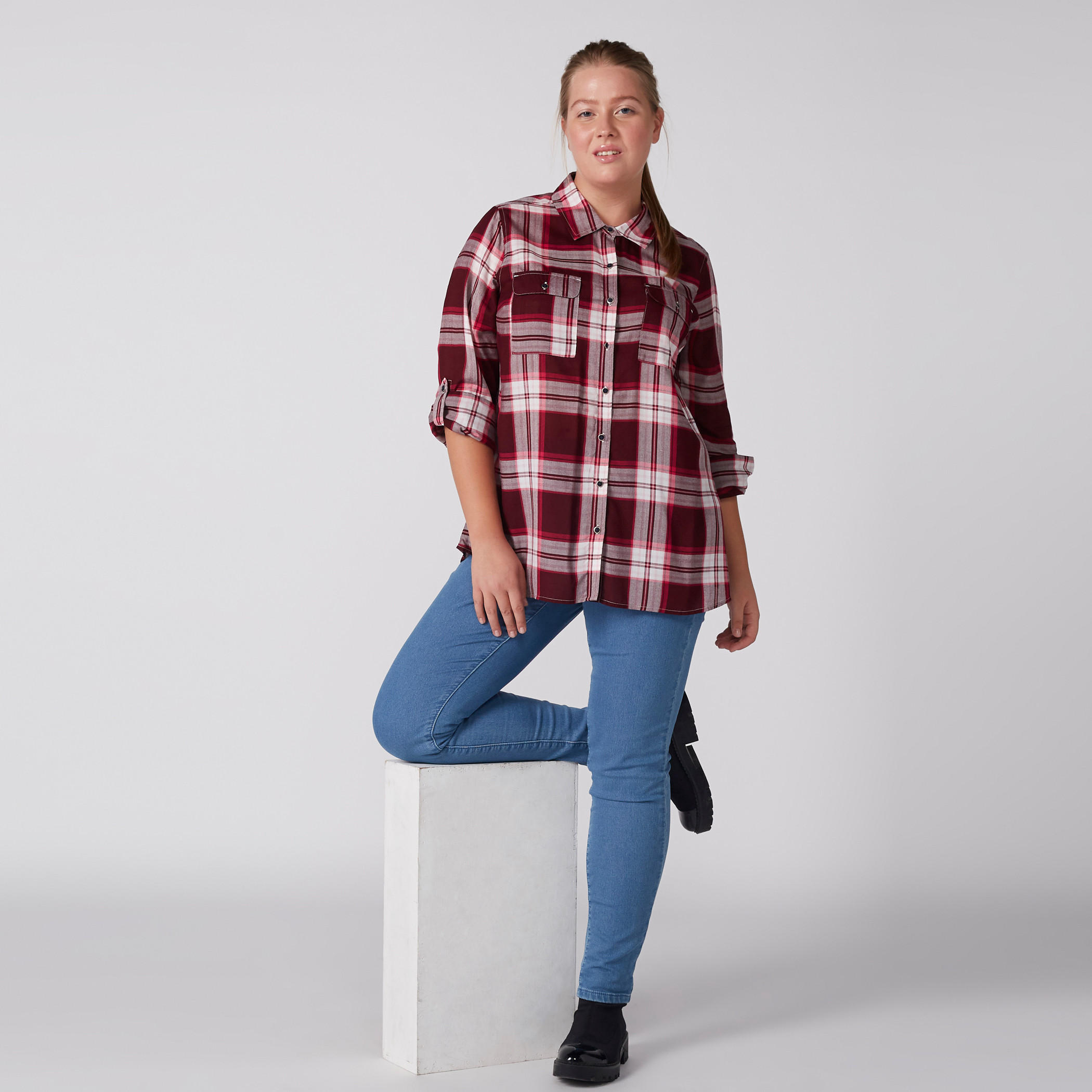 Chequered Shirt with Long Sleeves and Complete Placket-women-clothing-shirtsandblouses-shirts-image-3