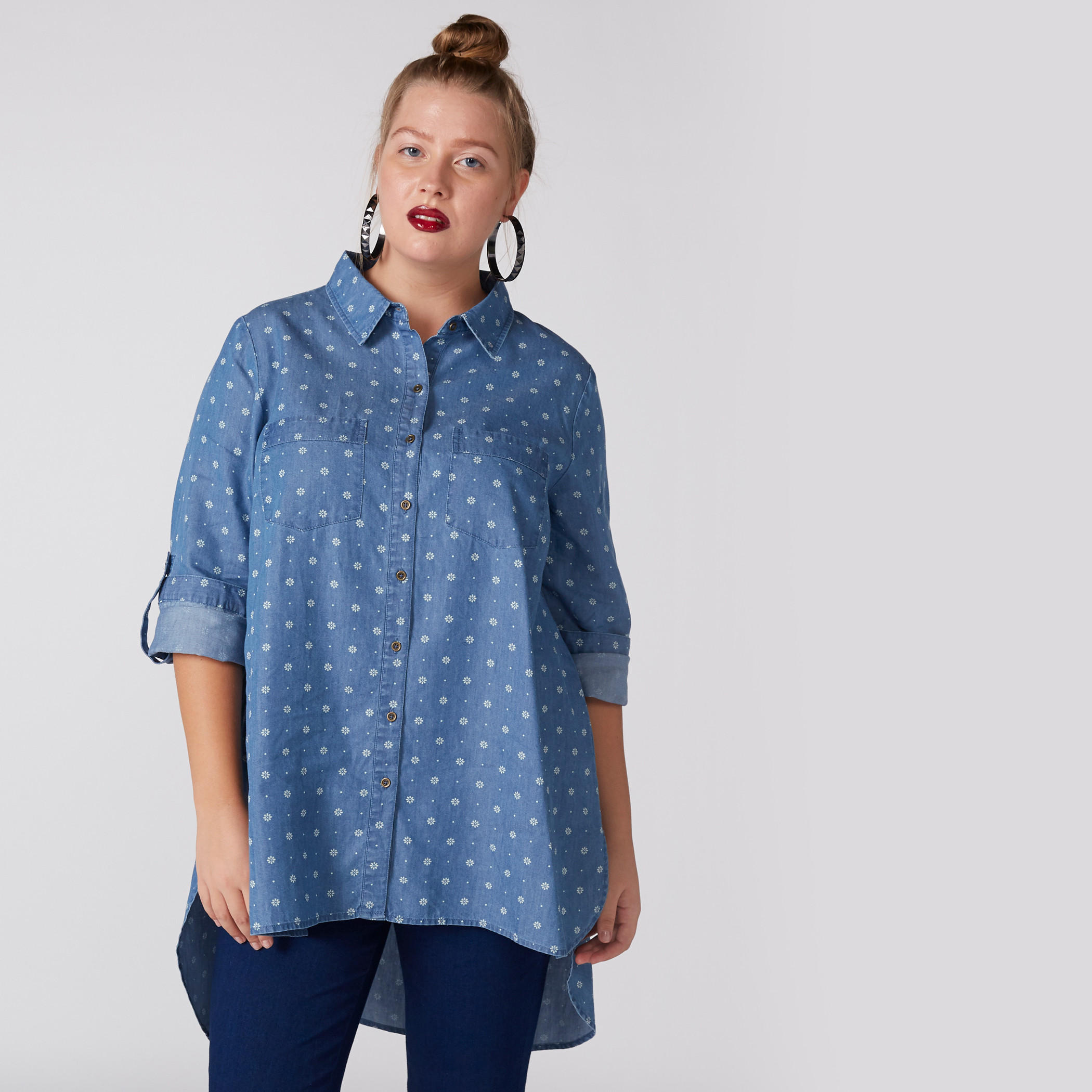 Printed Denim Longline Shirt with Long Sleeves and High Low Hem-women-clothing-shirtsandblouses-shirts-image-1