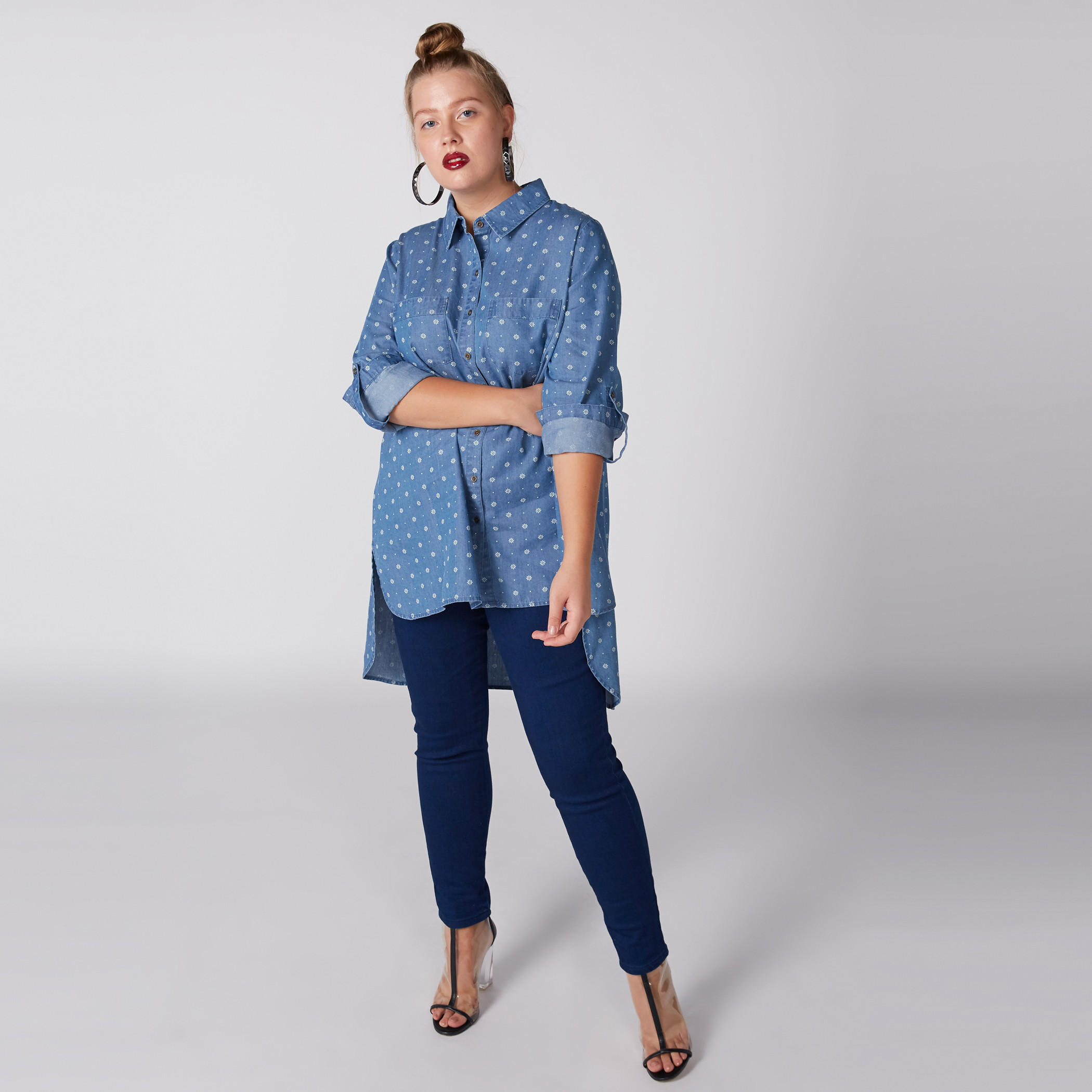 Printed Denim Longline Shirt with Long Sleeves and High Low Hem-women-clothing-shirtsandblouses-shirts-image-2