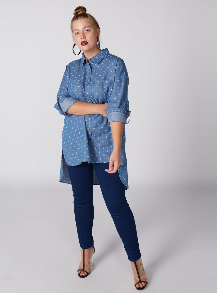 Printed Denim Longline Shirt with Long Sleeves and High Low Hem-women-clothing-shirtsandblouses-shirts-image-2