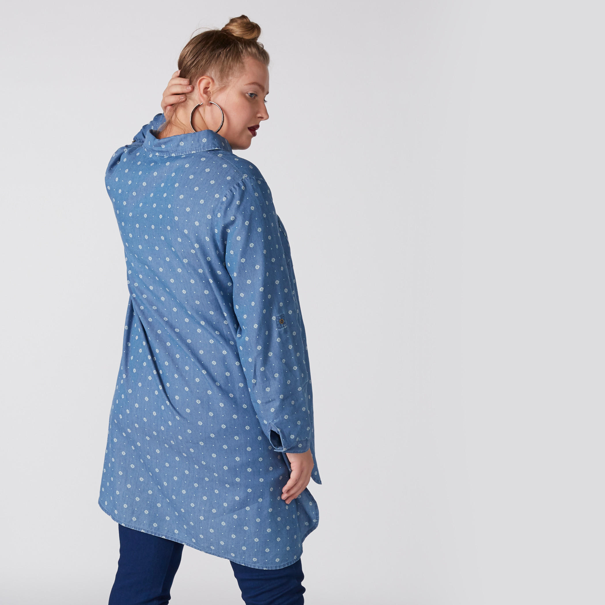Printed Denim Longline Shirt with Long Sleeves and High Low Hem-women-clothing-shirtsandblouses-shirts-image-3
