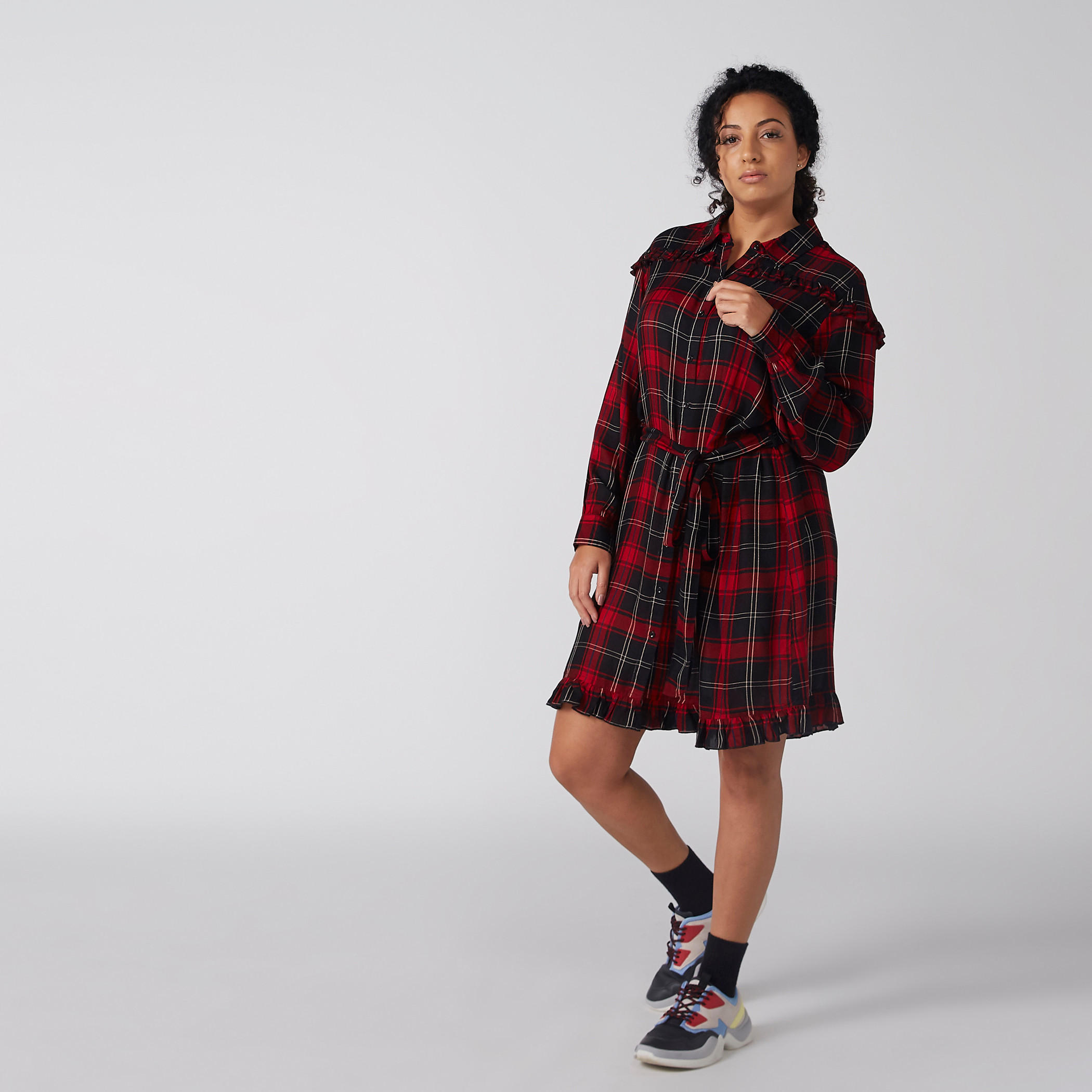 فستان ميدي كاروهات وأكمام طويلة وأربطة-women-clothing-dresses-image-1