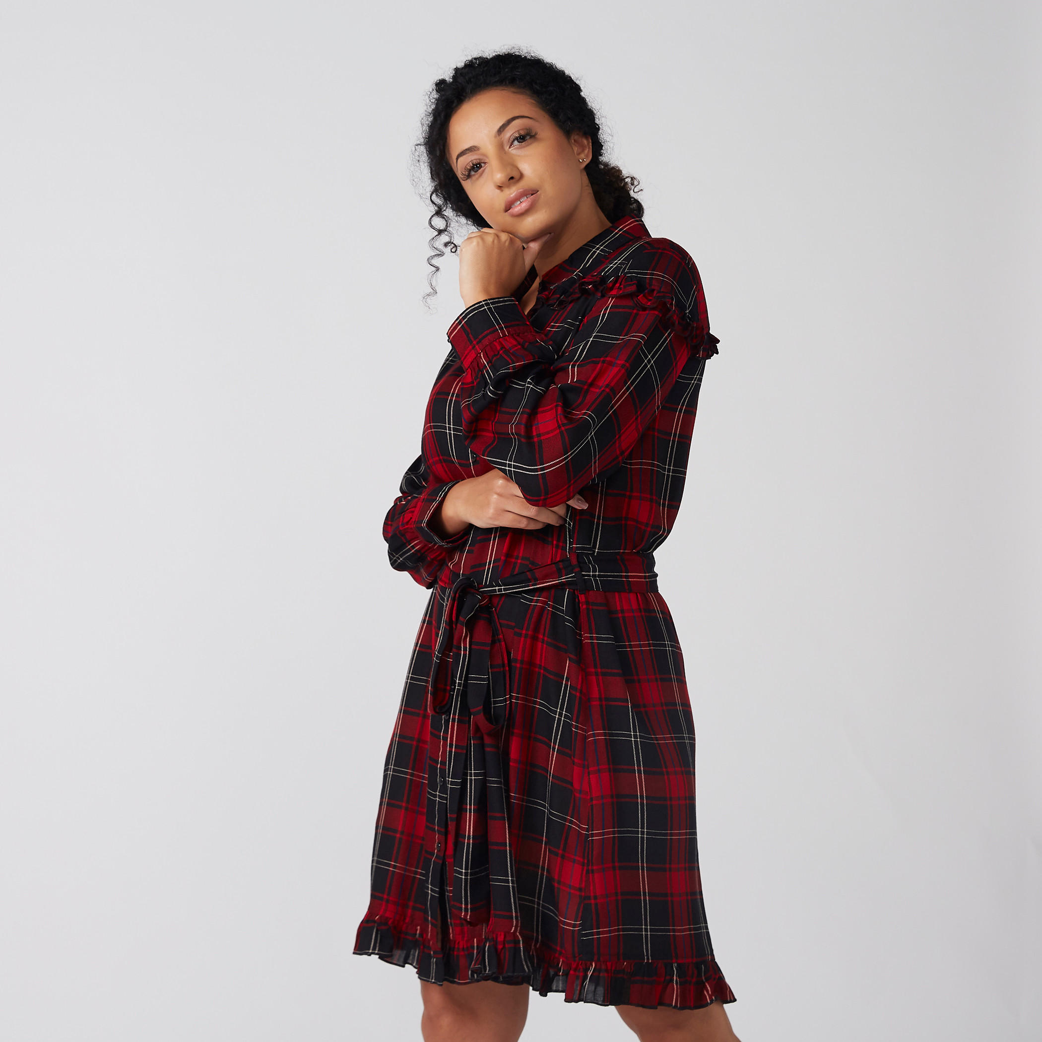 فستان ميدي كاروهات وأكمام طويلة وأربطة-women-clothing-dresses-image-2