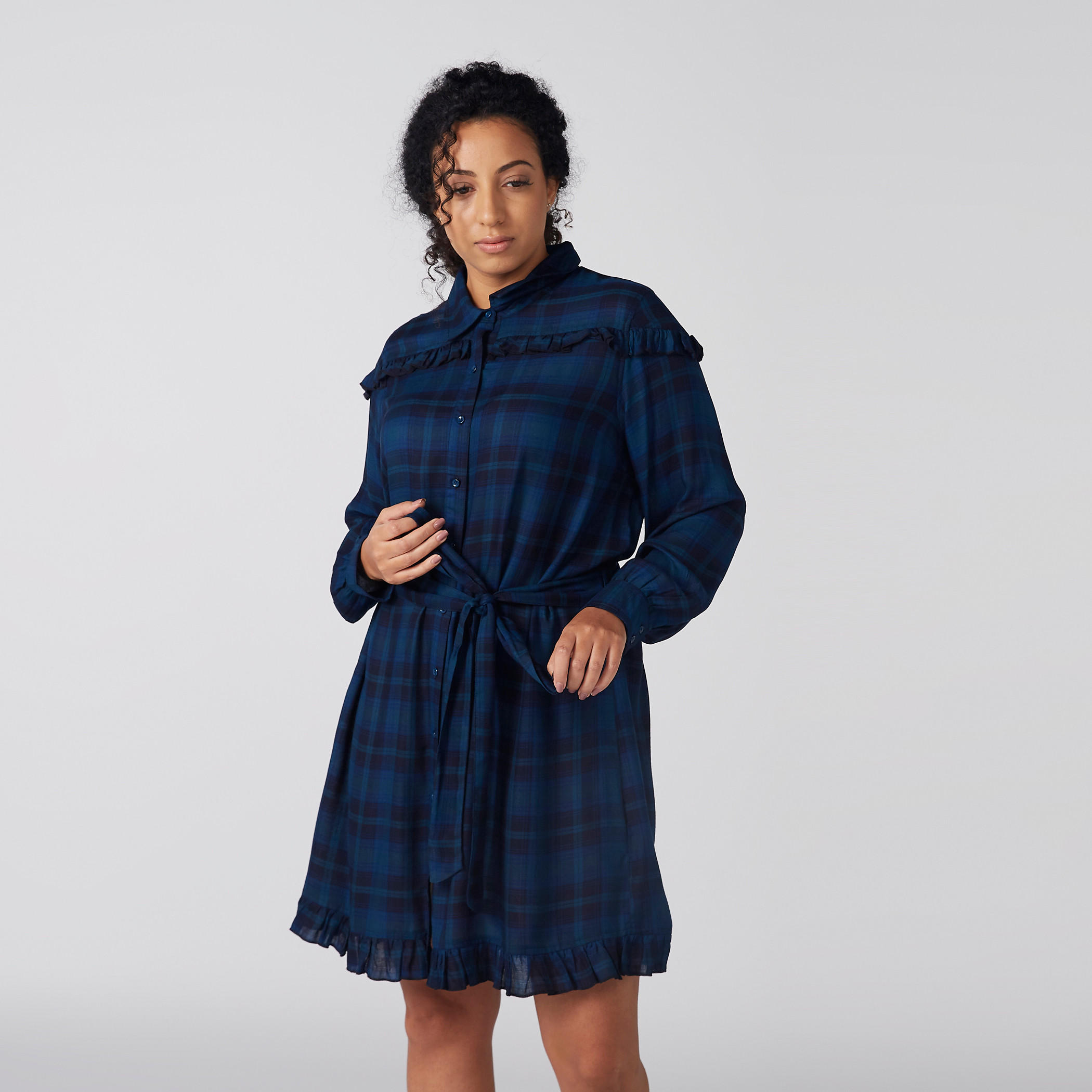 فستان ميدي كاروهات وأكمام طويلة وأربطة-women-clothing-dresses-image-1