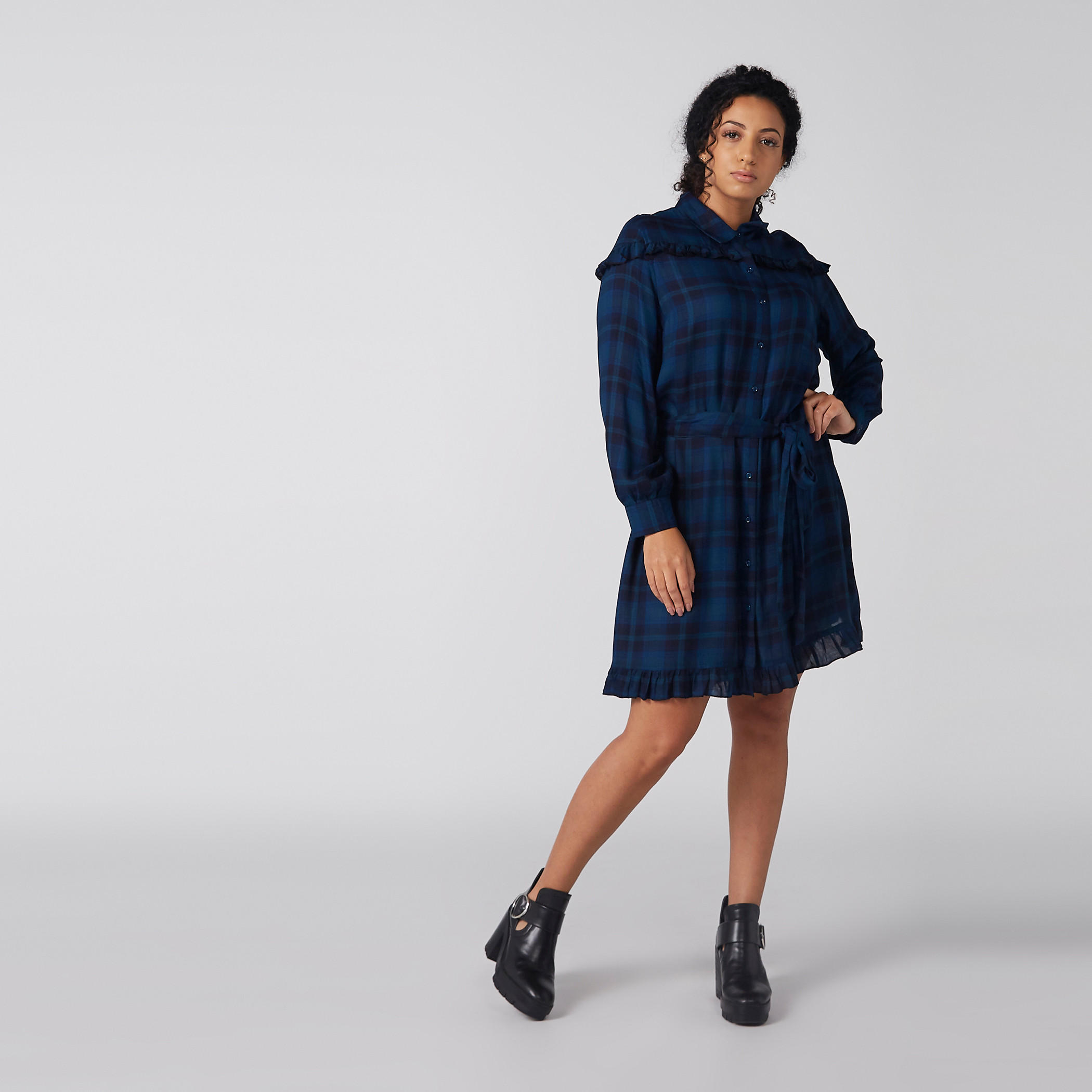 فستان ميدي كاروهات وأكمام طويلة وأربطة-women-clothing-dresses-image-3