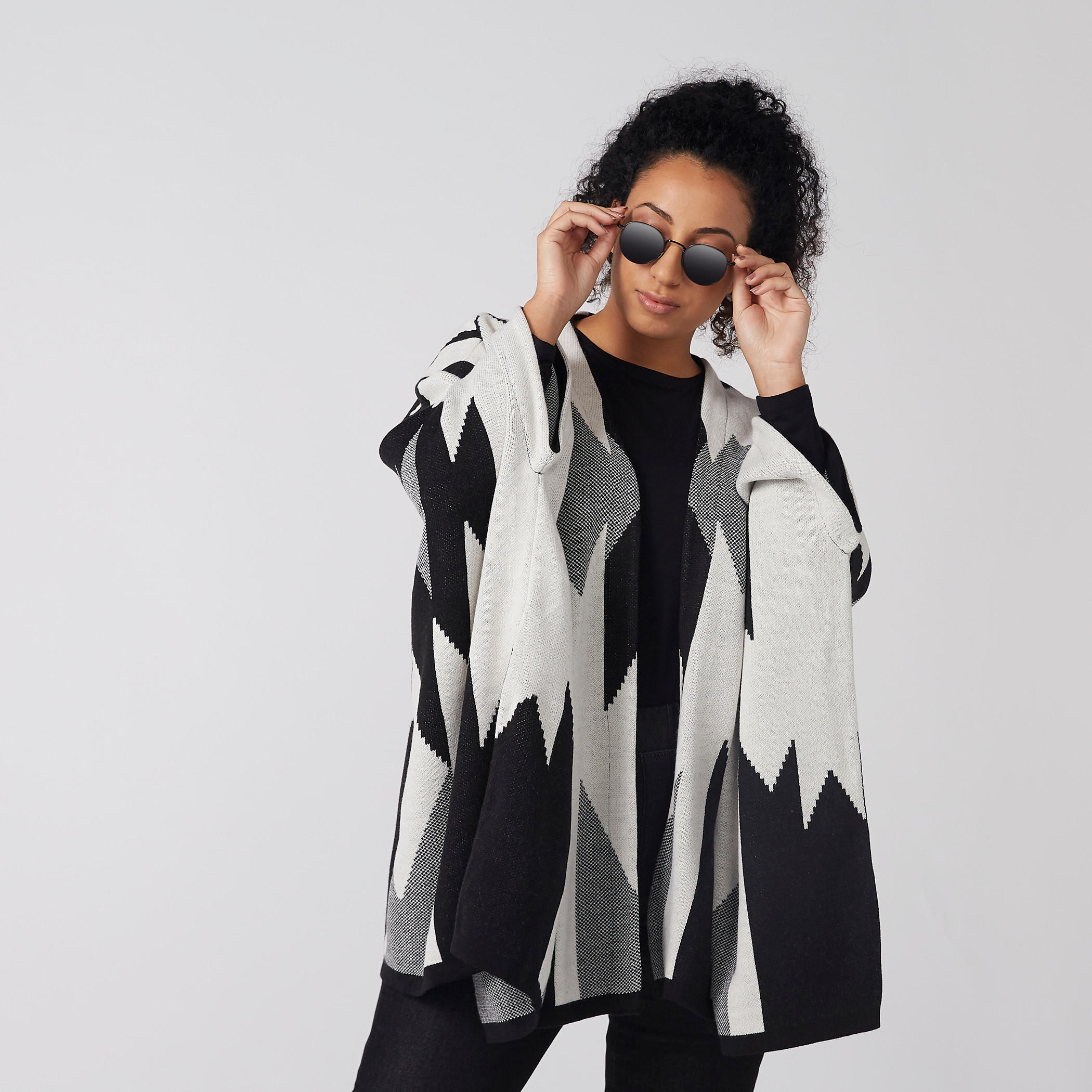 Printed Poncho with Long Sleeves-women-winterwear-cardigansandjumpers-cardigans-image-1