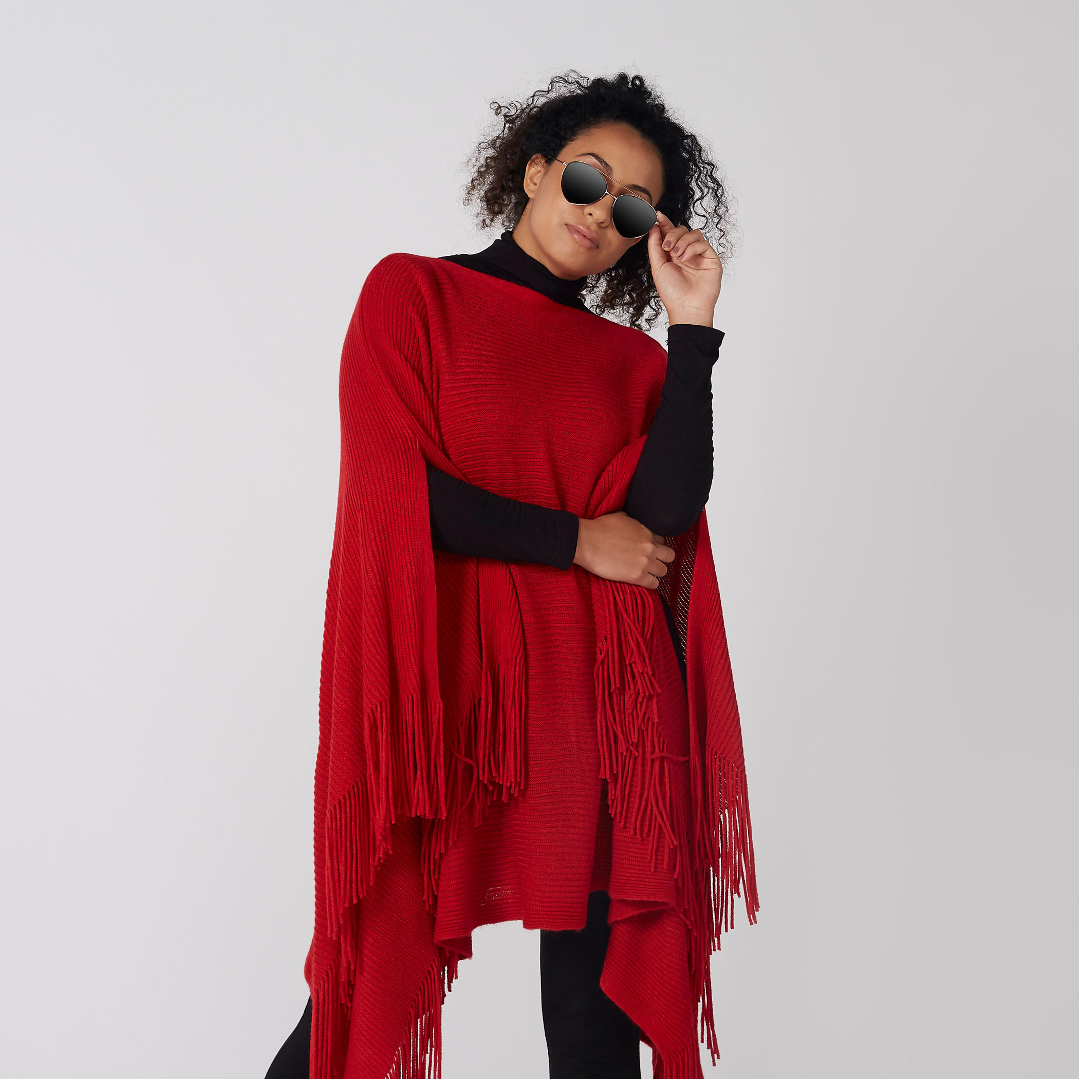 Textured Poncho with Fringes-women-winterwear-cardigansandjumpers-cardigans-image-2