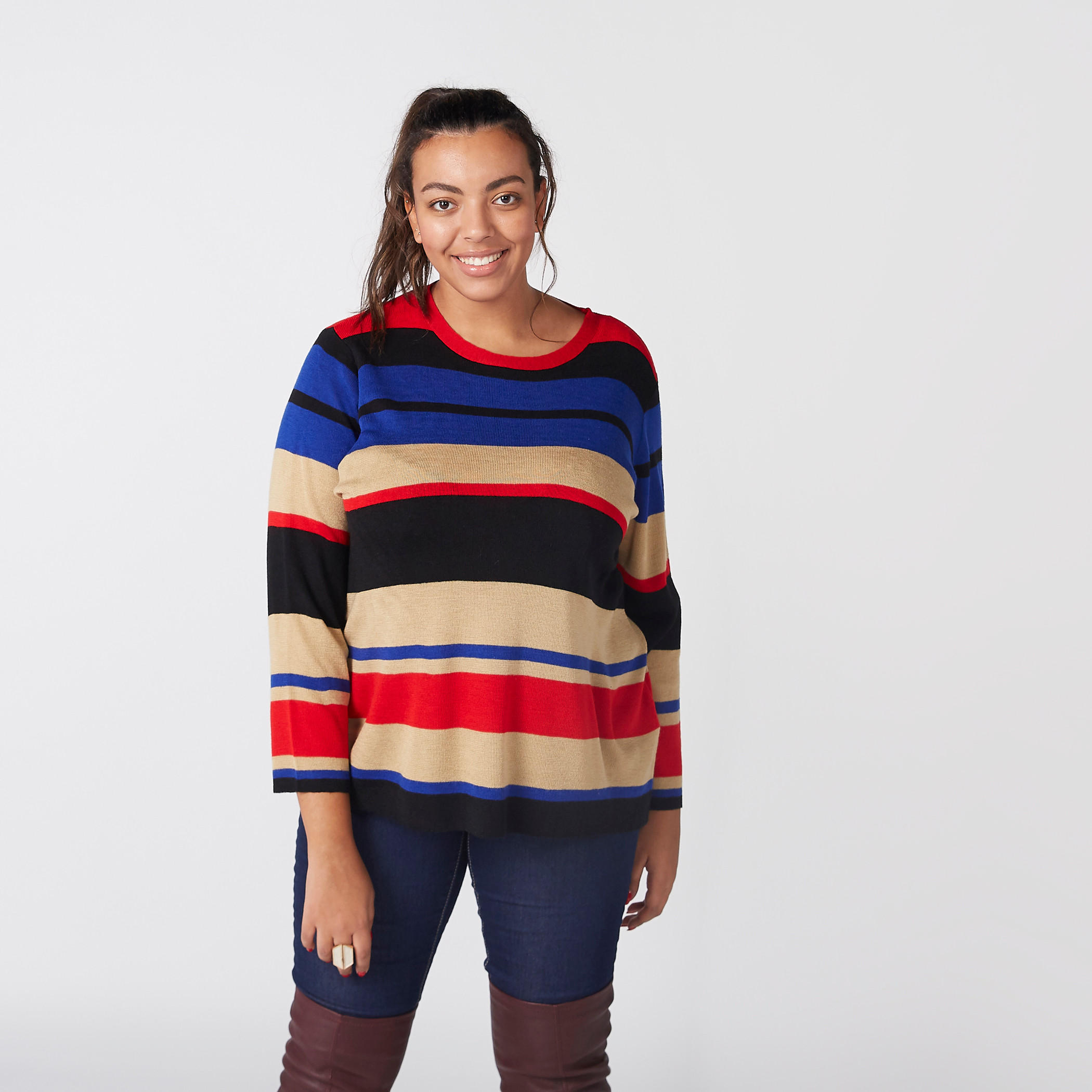 Striped Sweater with Round Neck and Long Sleeves-women-winterwear-cardigansandjumpers-cardigans-image-1