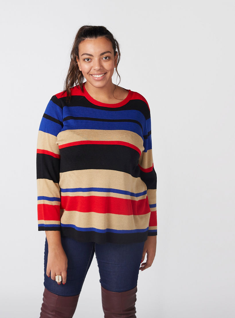 Striped Sweater with Round Neck and Long Sleeves-women-winterwear-cardigansandjumpers-cardigans-image-1
