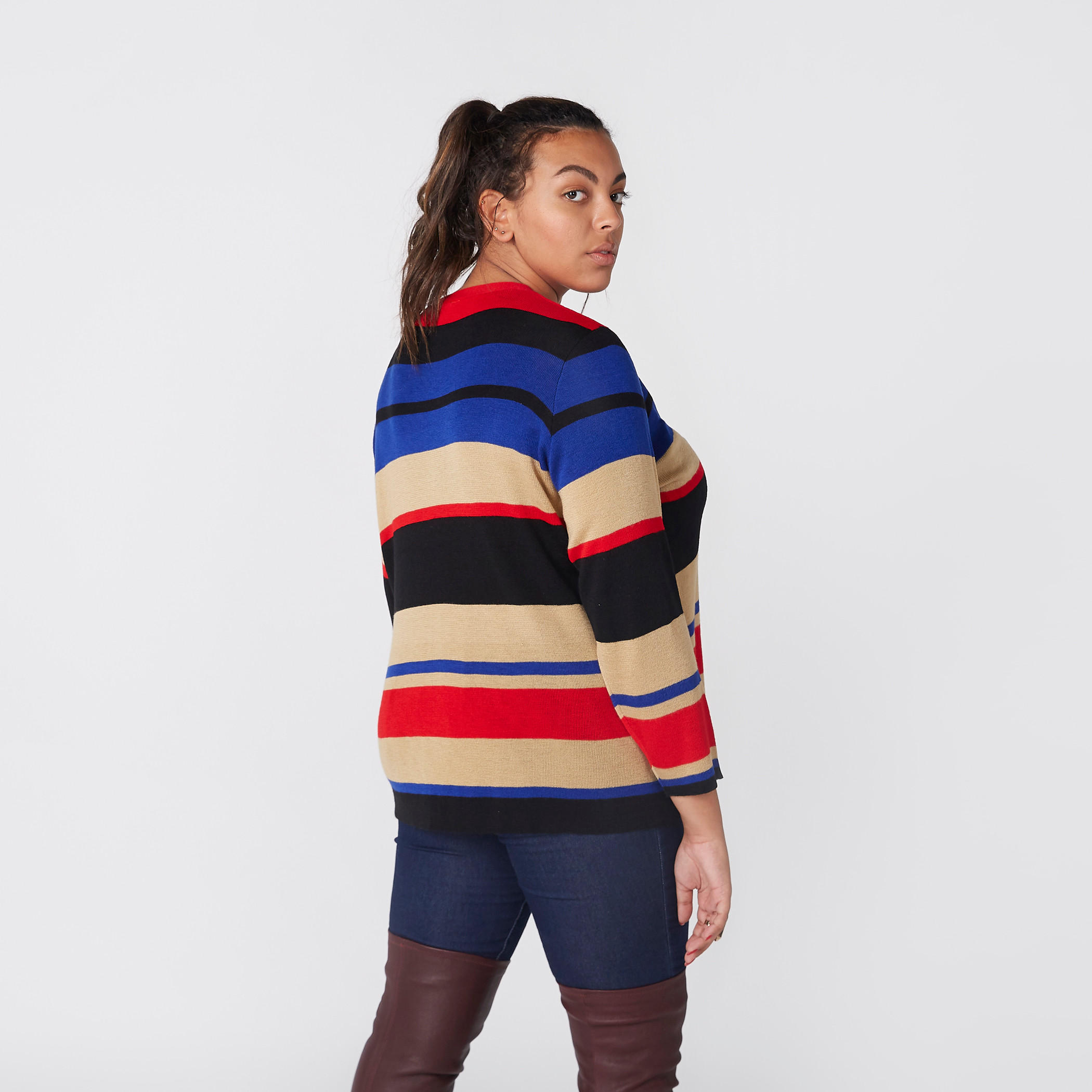 Striped Sweater with Round Neck and Long Sleeves-women-winterwear-cardigansandjumpers-cardigans-image-2