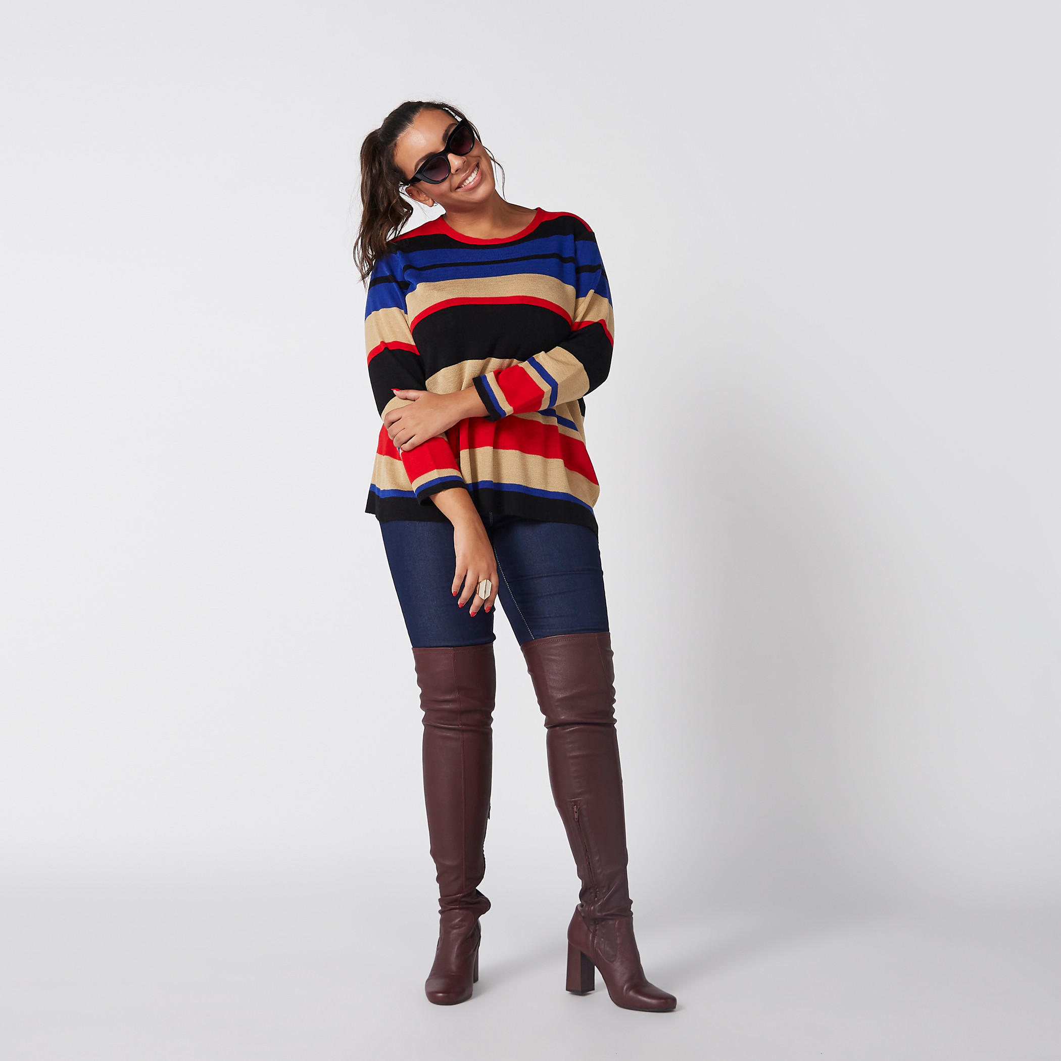 Striped Sweater with Round Neck and Long Sleeves-women-winterwear-cardigansandjumpers-cardigans-image-3