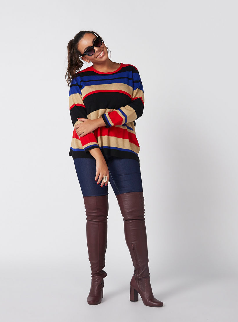 Striped Sweater with Round Neck and Long Sleeves-women-winterwear-cardigansandjumpers-cardigans-image-3