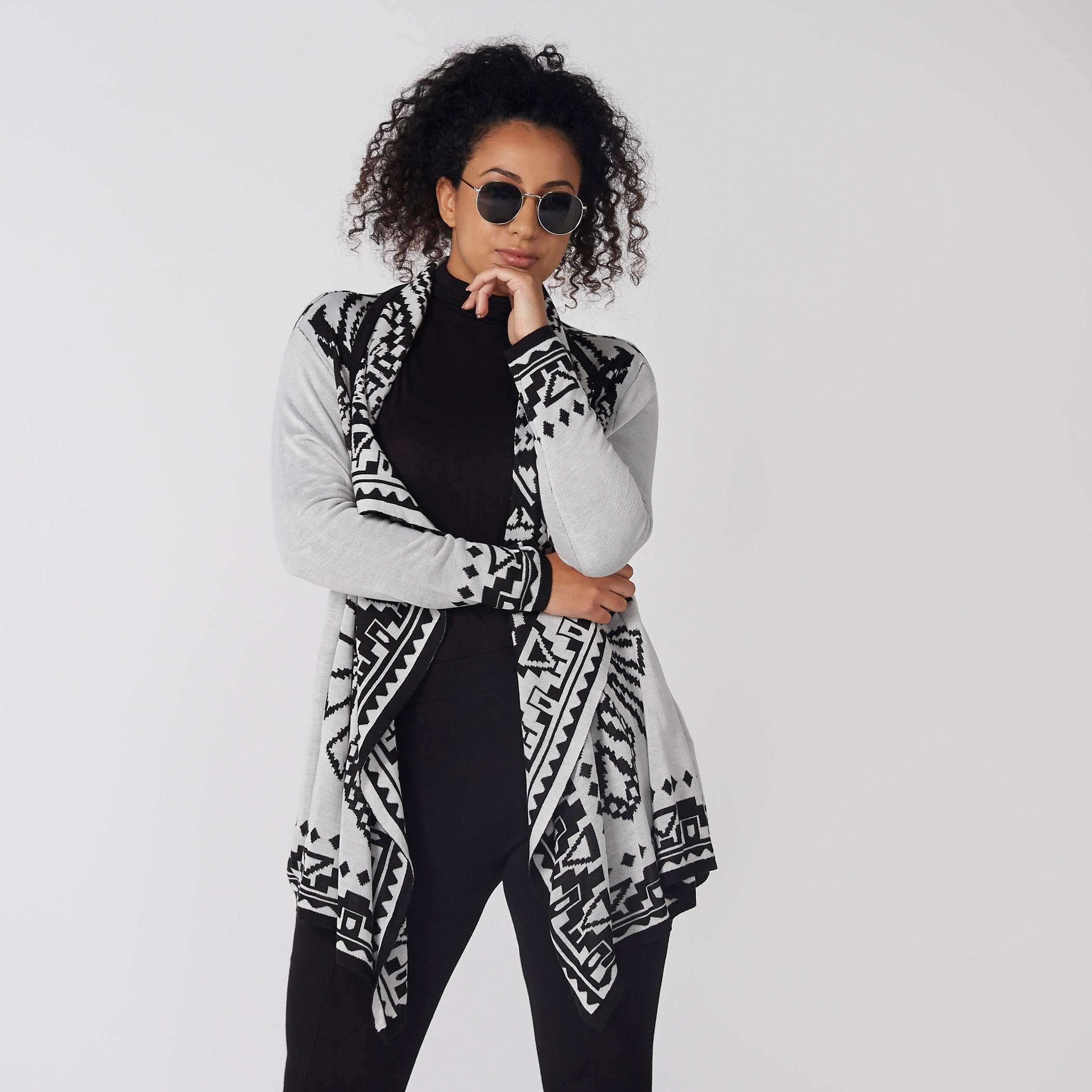 Printed Open Front Longline Shrug with Long Sleeves-women-winterwear-cardigansandjumpers-cardigans-image-1