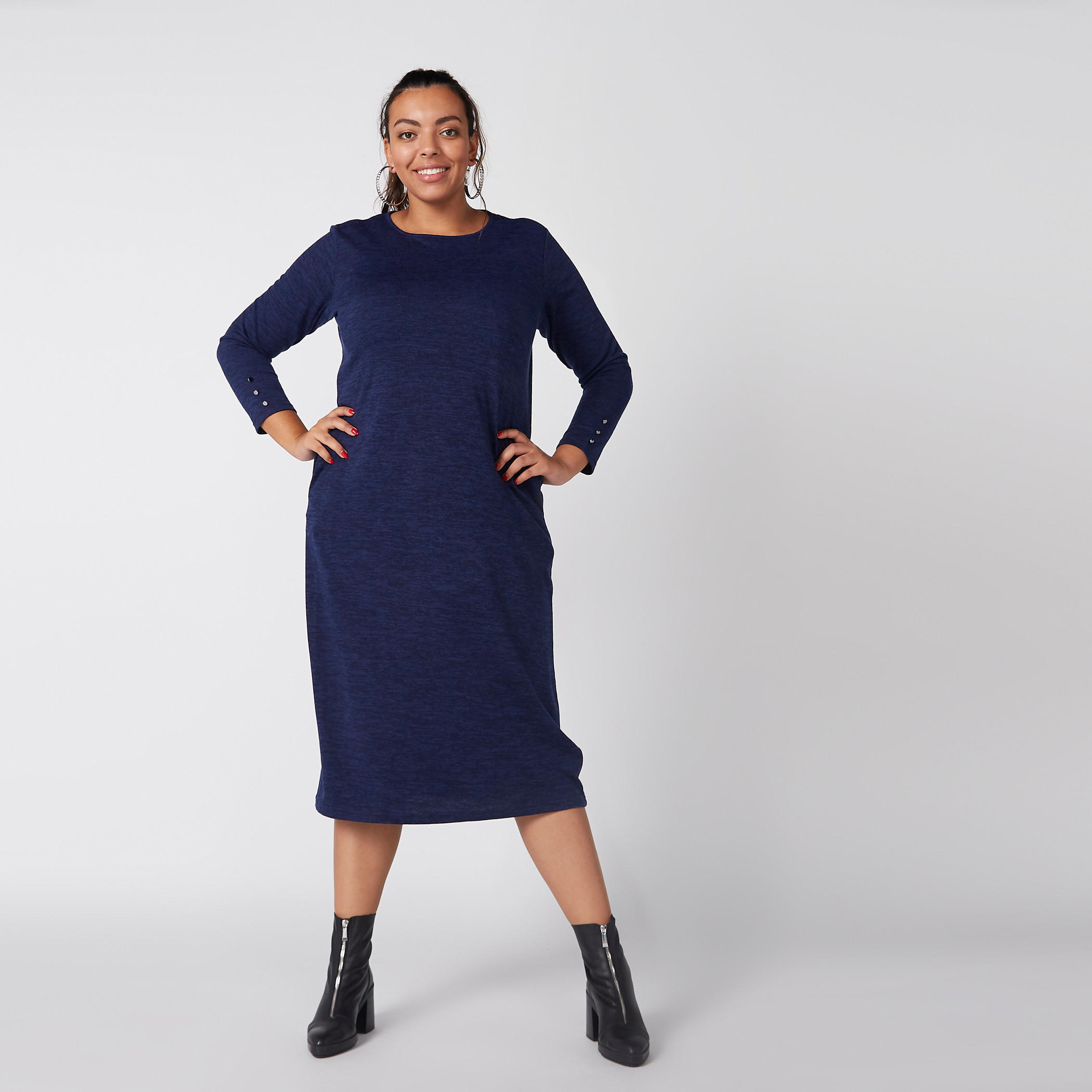 فستان ميدي ميلانج بياقة مستديرة وأكمام طويلة-women-clothing-dresses-image-1