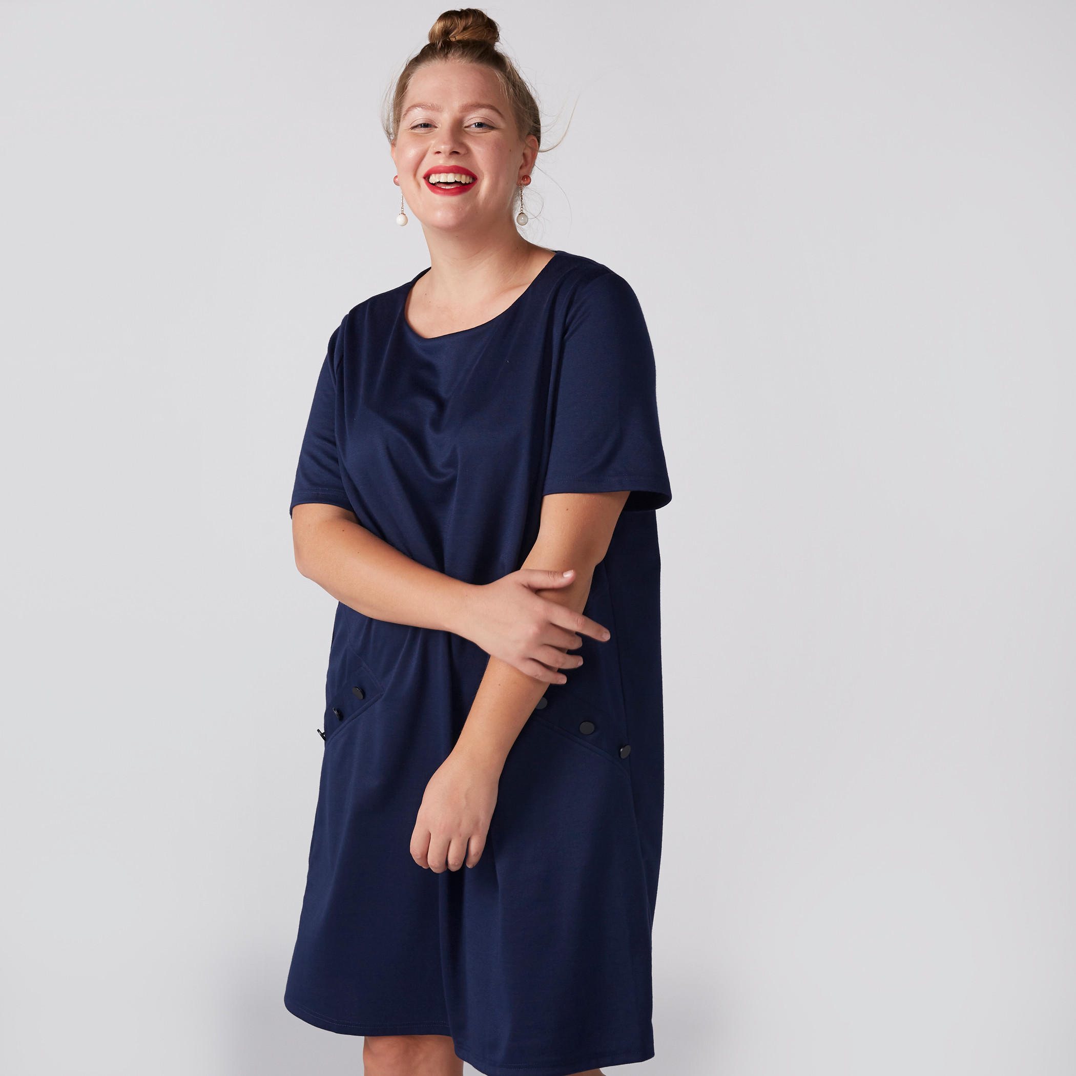 فستان ميدي بياقة مستديرة وأكمام قصيرة وسحاب إغلاق-women-clothing-dresses-image-1