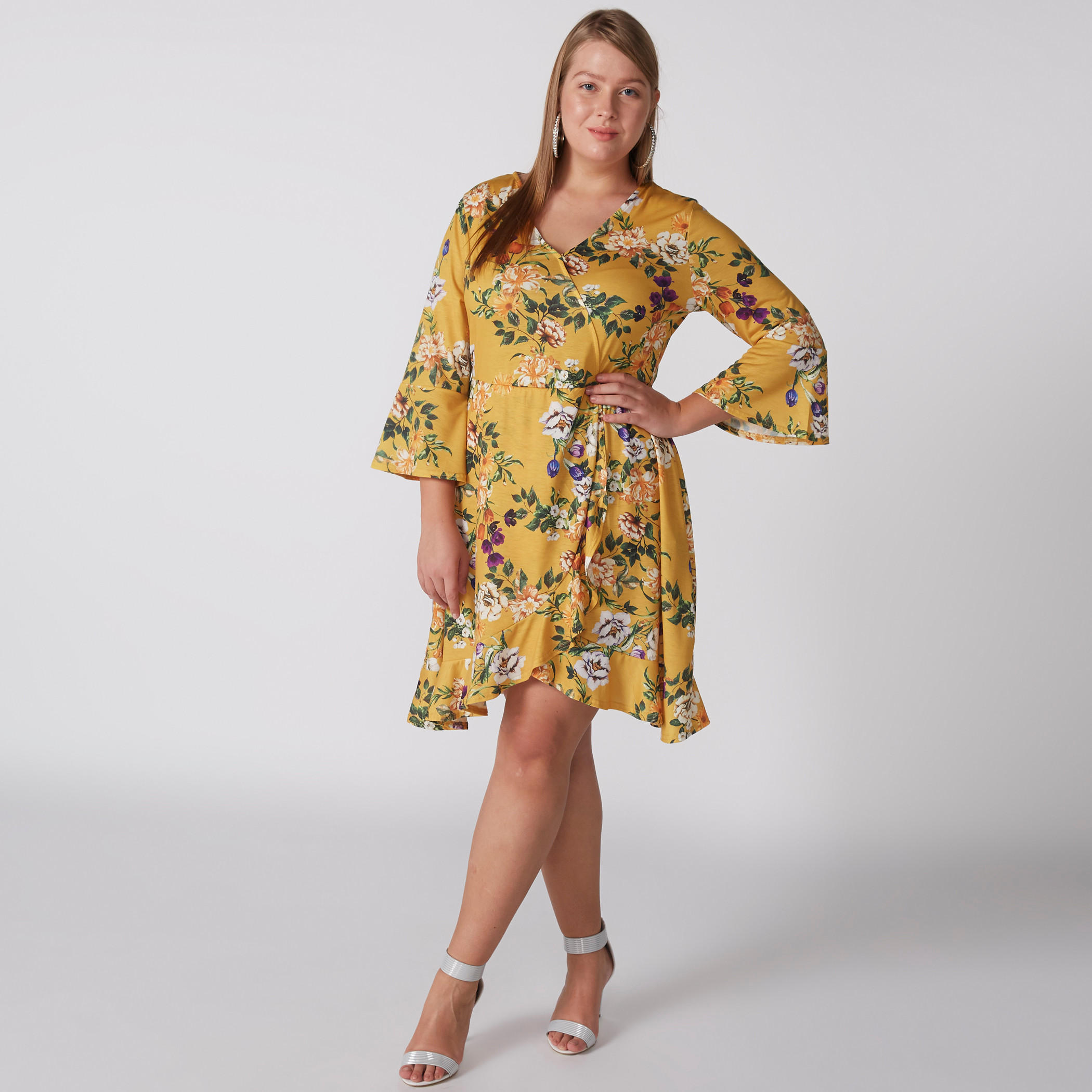 فستان لف بحواف غير مستوية وطبعات وأكمام واسعة ورباط-women-clothing-dresses-image-1