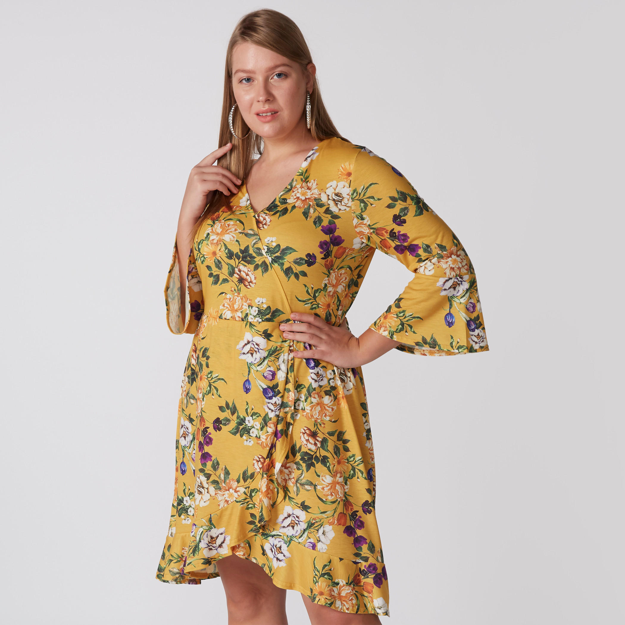 فستان لف بحواف غير مستوية وطبعات وأكمام واسعة ورباط-women-clothing-dresses-image-2