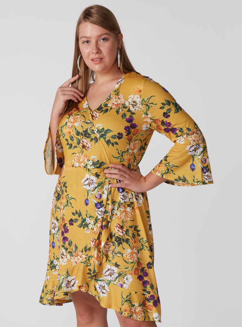 فستان لف بحواف غير مستوية وطبعات وأكمام واسعة ورباط-women-clothing-dresses-image-2