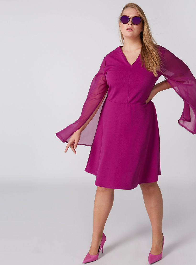 فستان ميدي بياقة V وأكمام طويلة-women-clothing-dresses-image-3