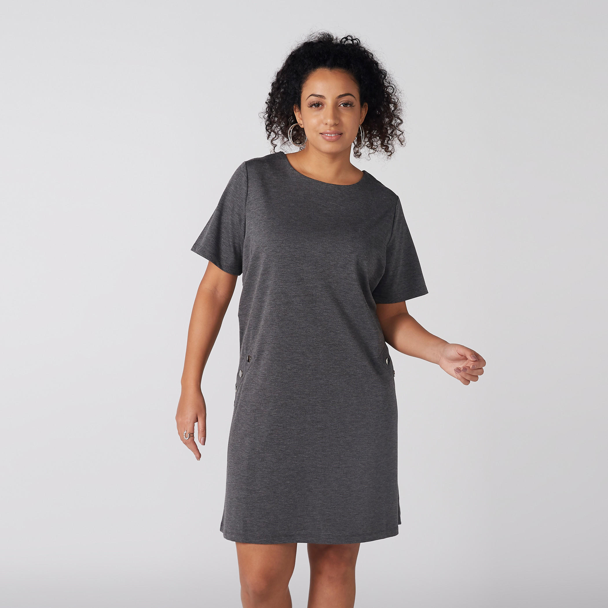 فستان ميلانج متوسط الطول بياقة مستديرة وأكمام قصيرة-women-clothing-dresses-image-1