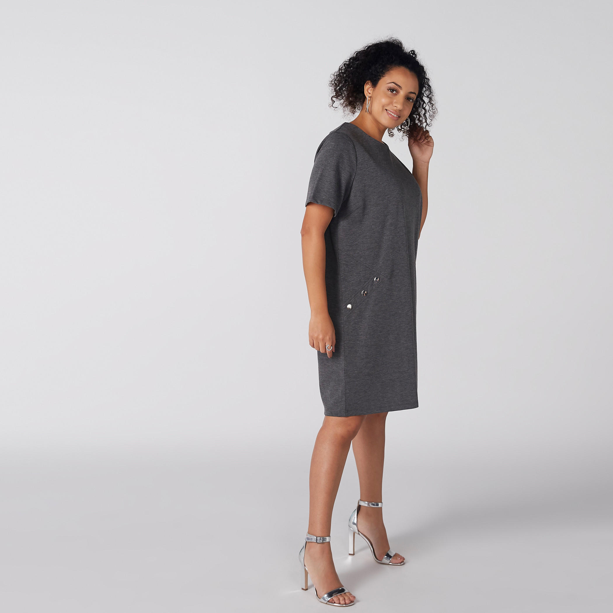 فستان ميلانج متوسط الطول بياقة مستديرة وأكمام قصيرة-women-clothing-dresses-image-2