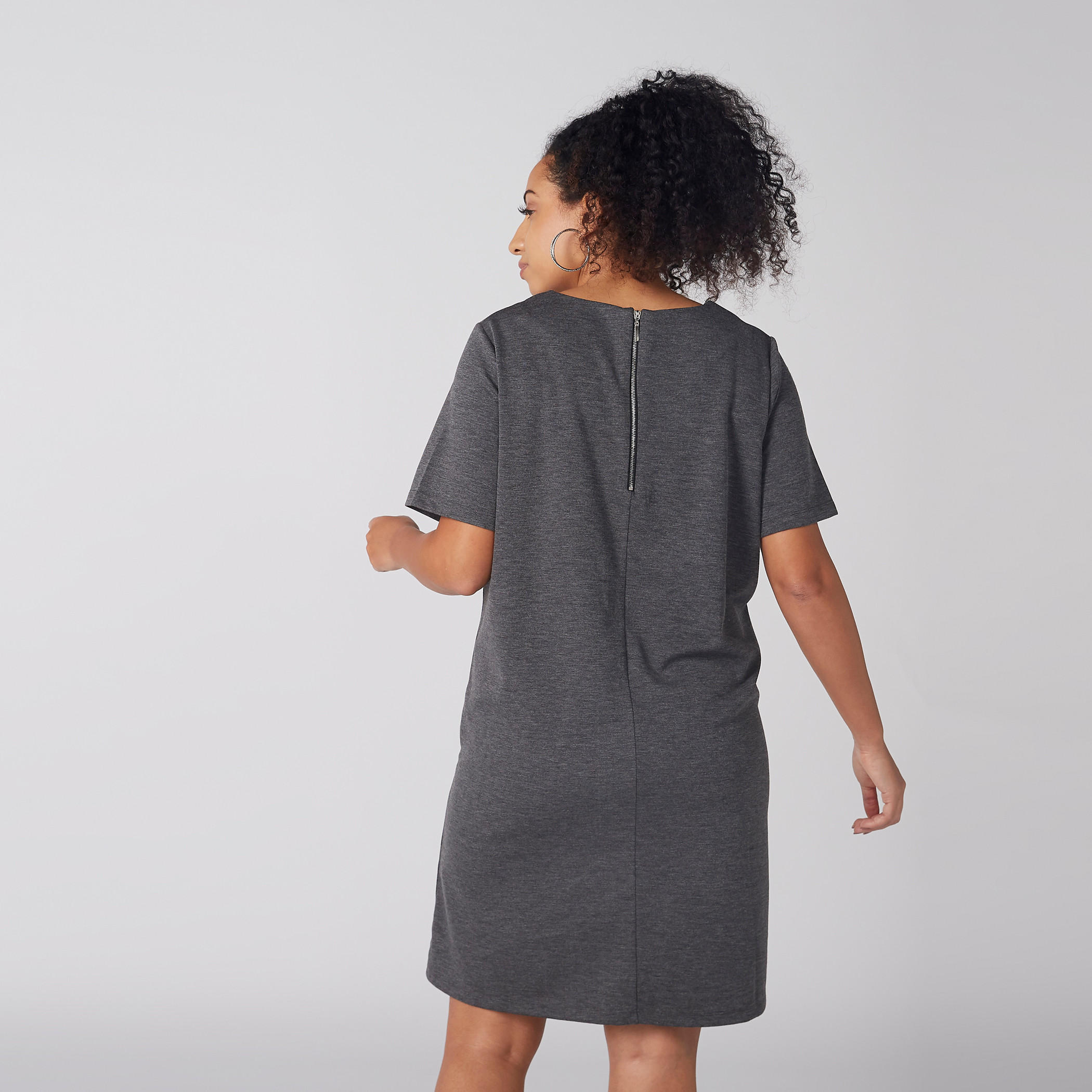 فستان ميلانج متوسط الطول بياقة مستديرة وأكمام قصيرة-women-clothing-dresses-image-3