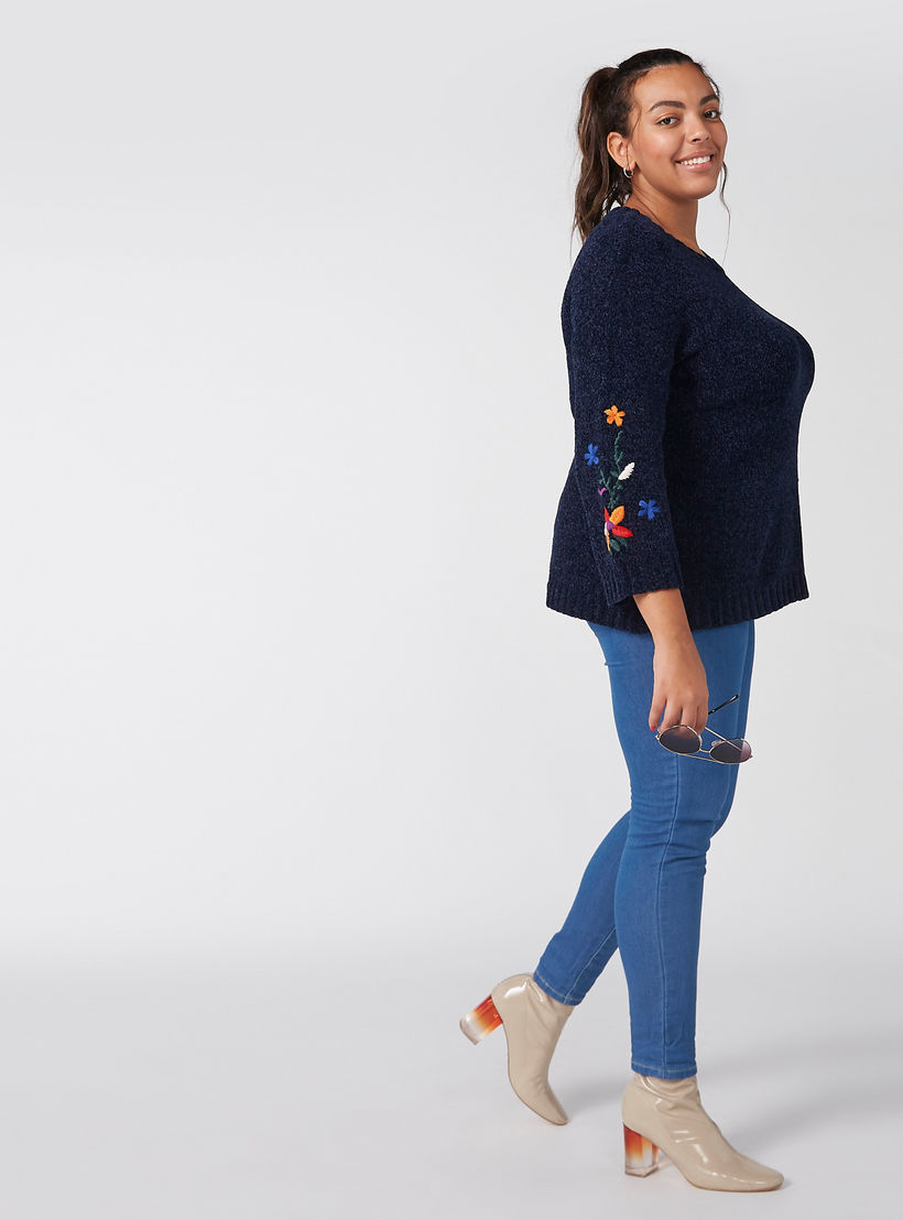 Embroidered Sweater with Round Neck and Long Sleeves-women-winterwear-cardigansandjumpers-cardigans-image-4