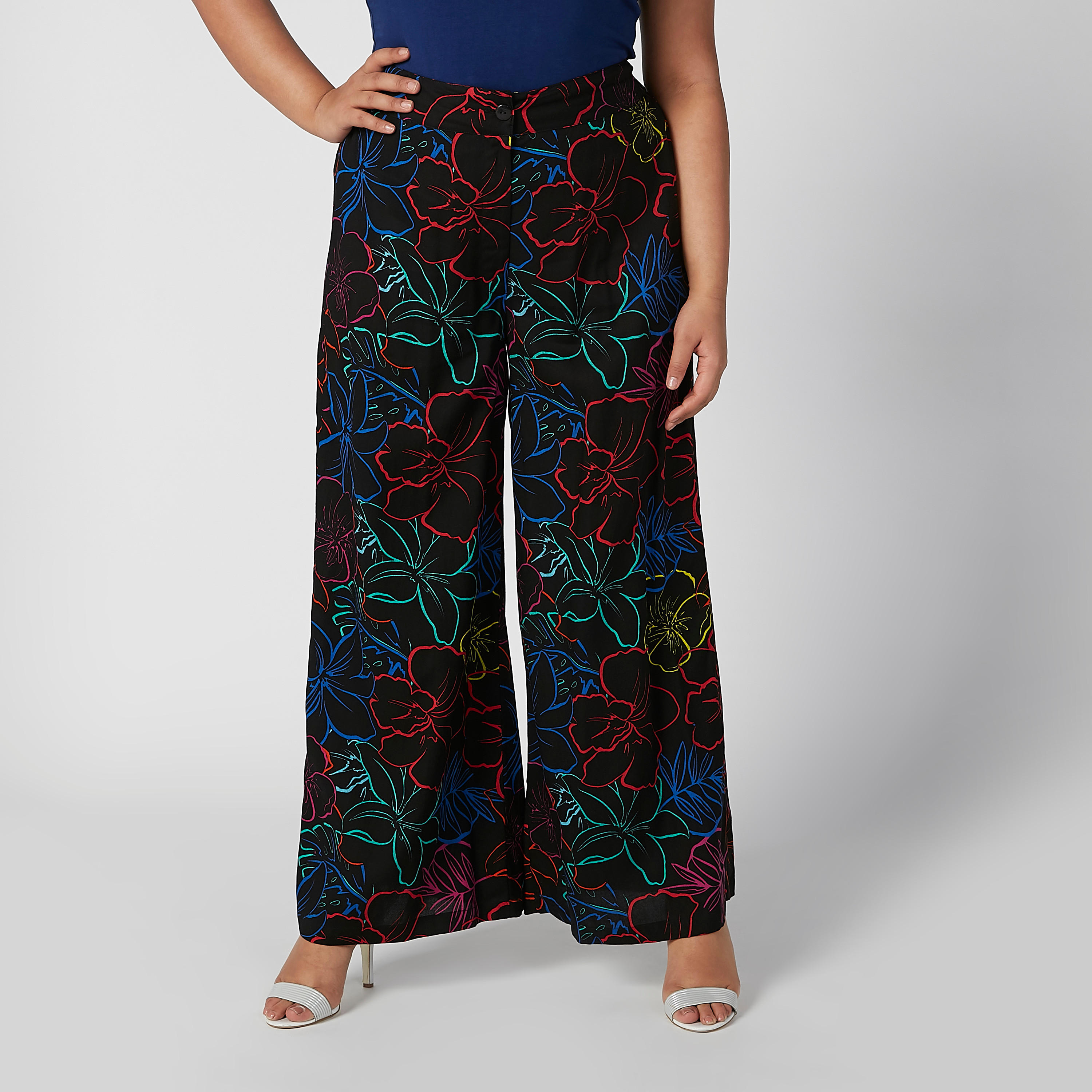 Wide Fit Full Length Printed Palazzo Pants with Button Closure-women-clothing-bottoms-trousers-image-1