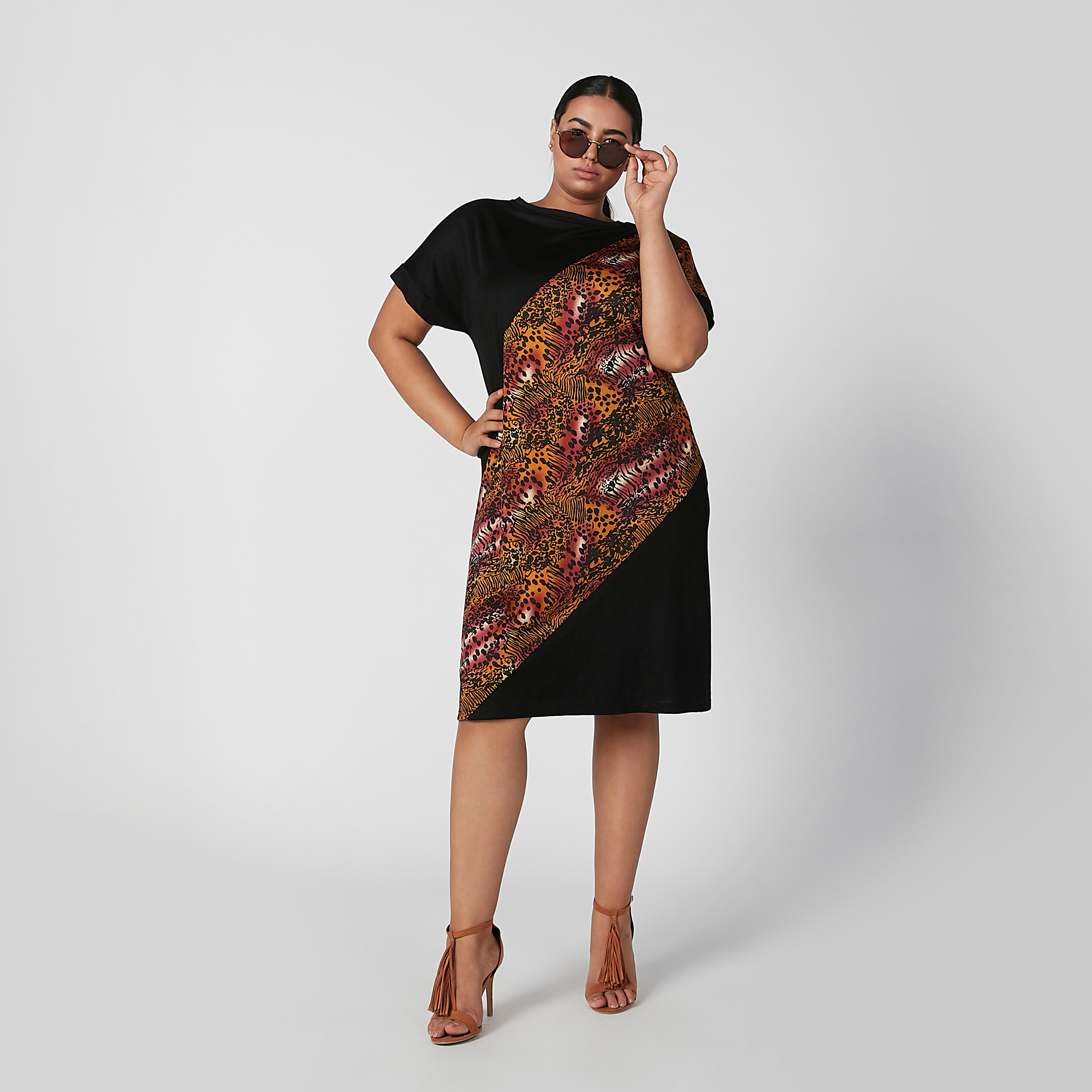 فستان قميص ميدي بياقة مستديرة وأكمام قصيرة وطبعات حيوانات-women-clothing-dresses-image-1