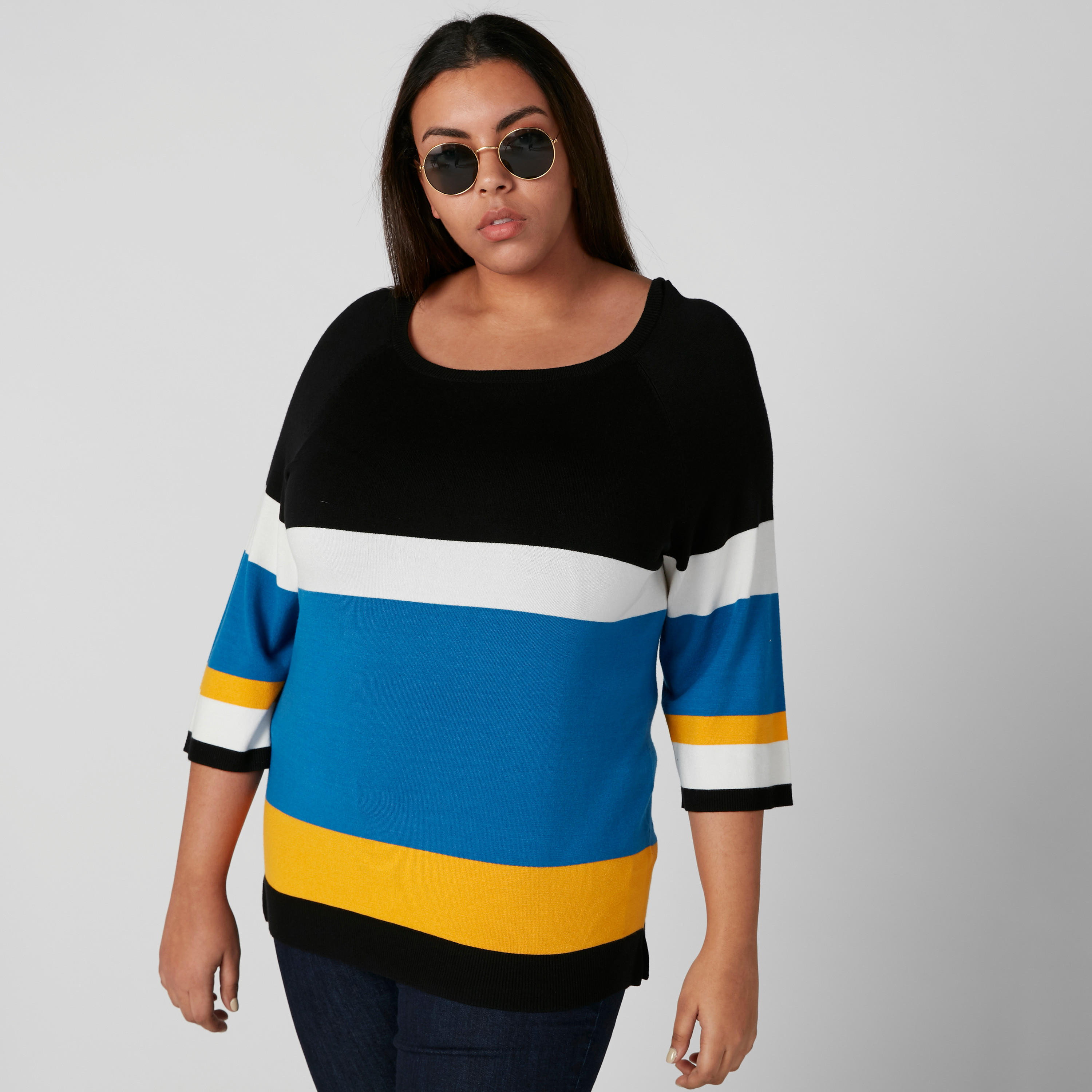 سويتر مقلّم بياقة مستديرة وأكمام 3/4-women-winterwear-cardigansandjumpers-cardigans-image-3