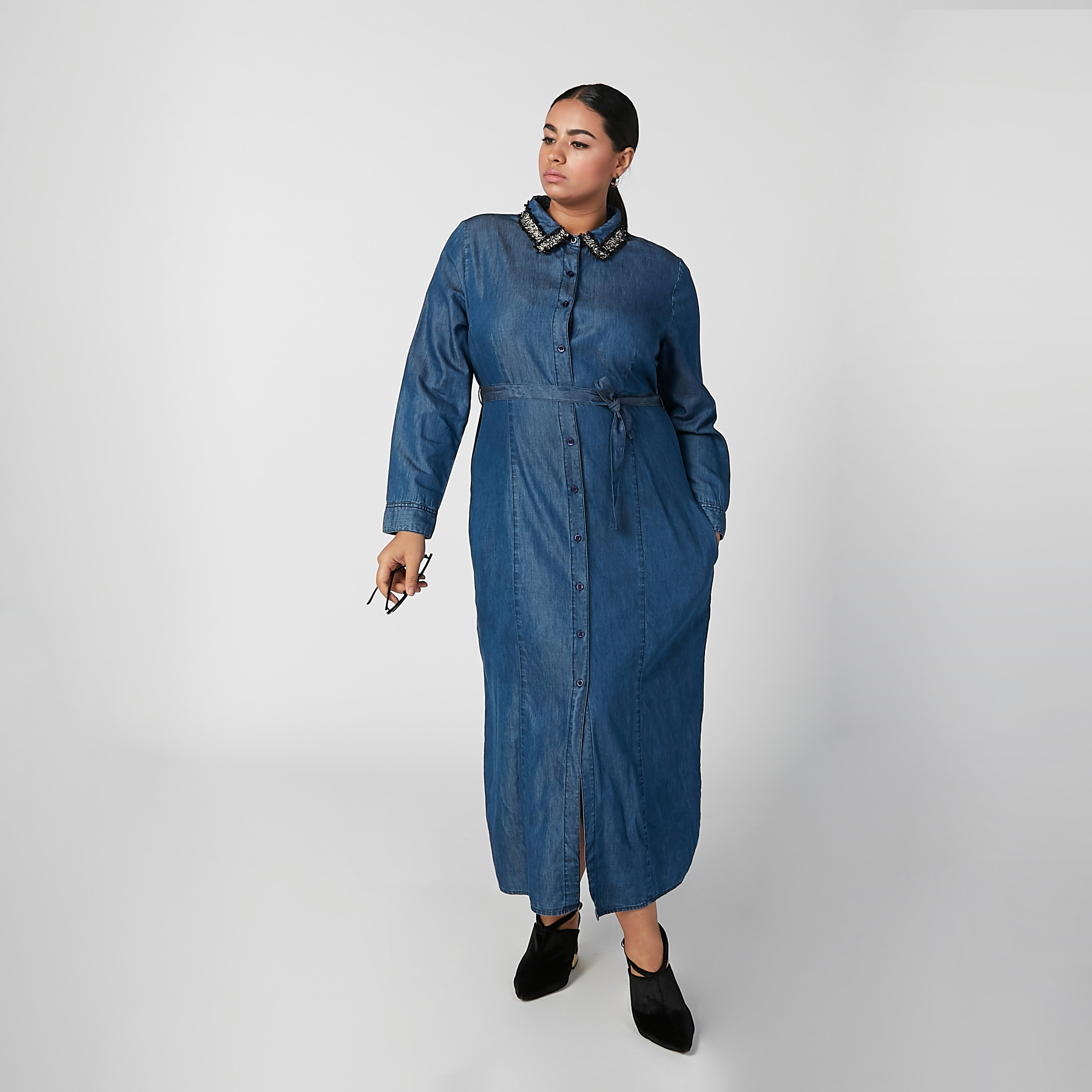 Embellished Collared Denim Shirt Dress with Long Sleeves and Pocket Detail-women-clothing-dresses-image-1
