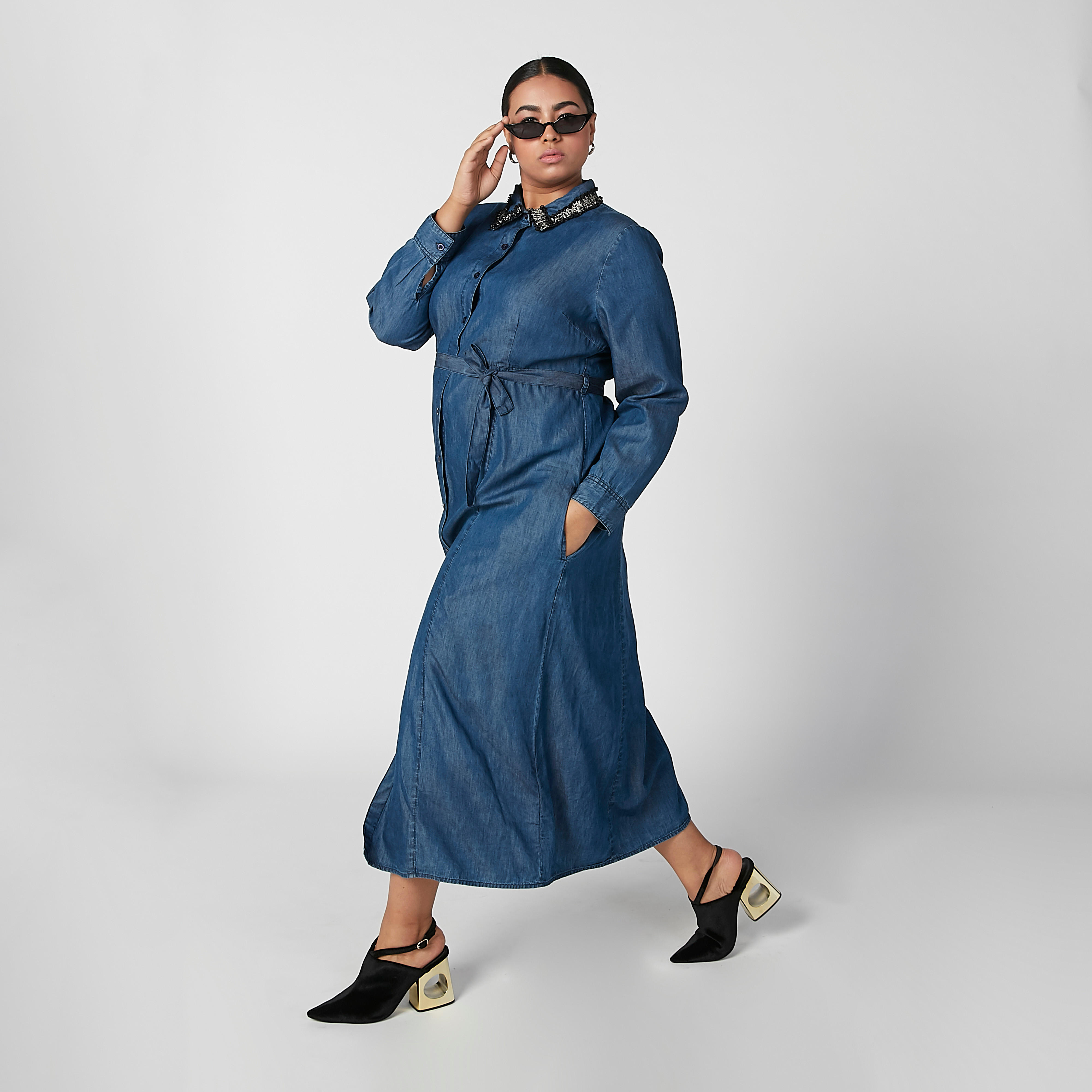 Embellished Collared Denim Shirt Dress with Long Sleeves and Pocket Detail-women-clothing-dresses-image-2