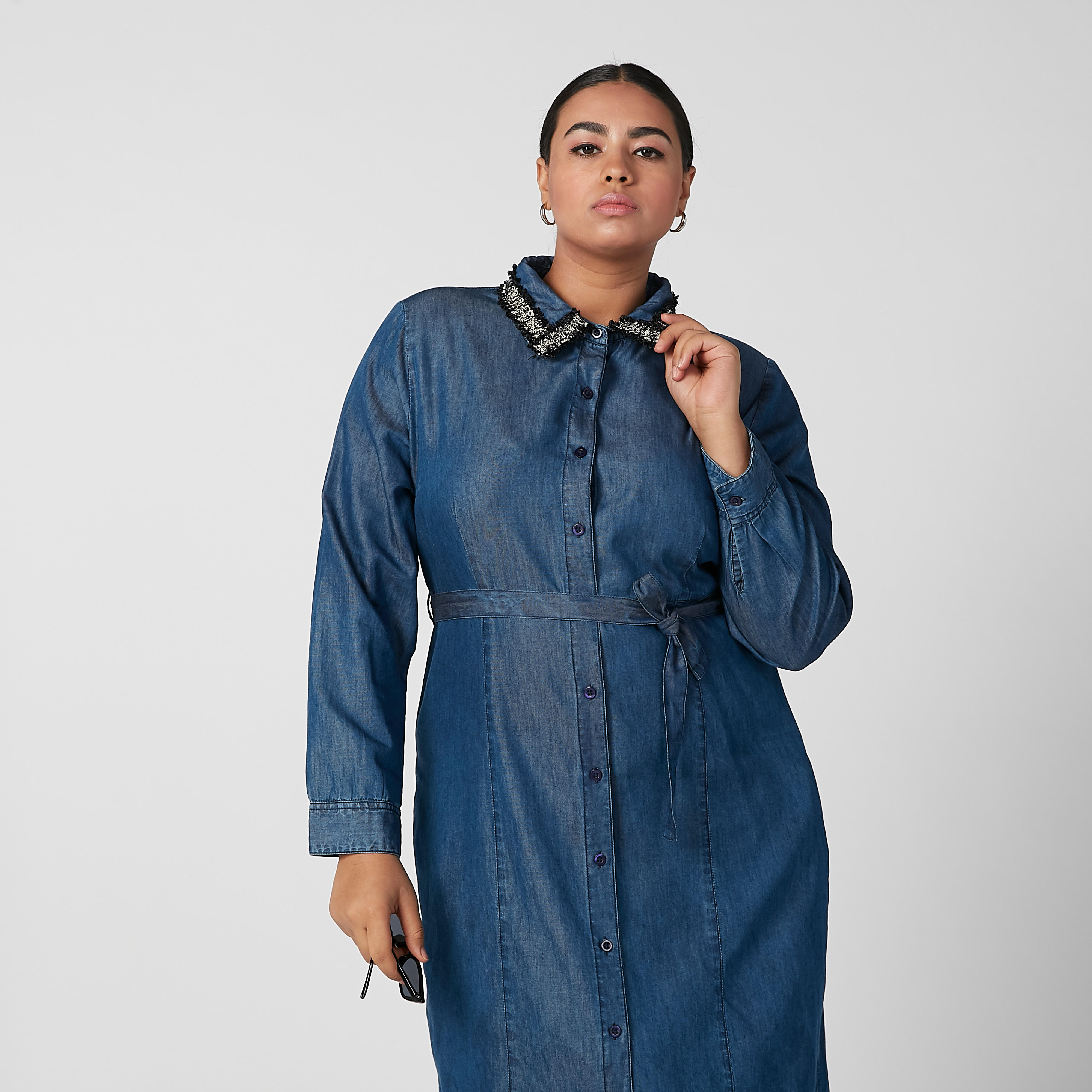 Embellished Collared Denim Shirt Dress with Long Sleeves and Pocket Detail-women-clothing-dresses-image-3