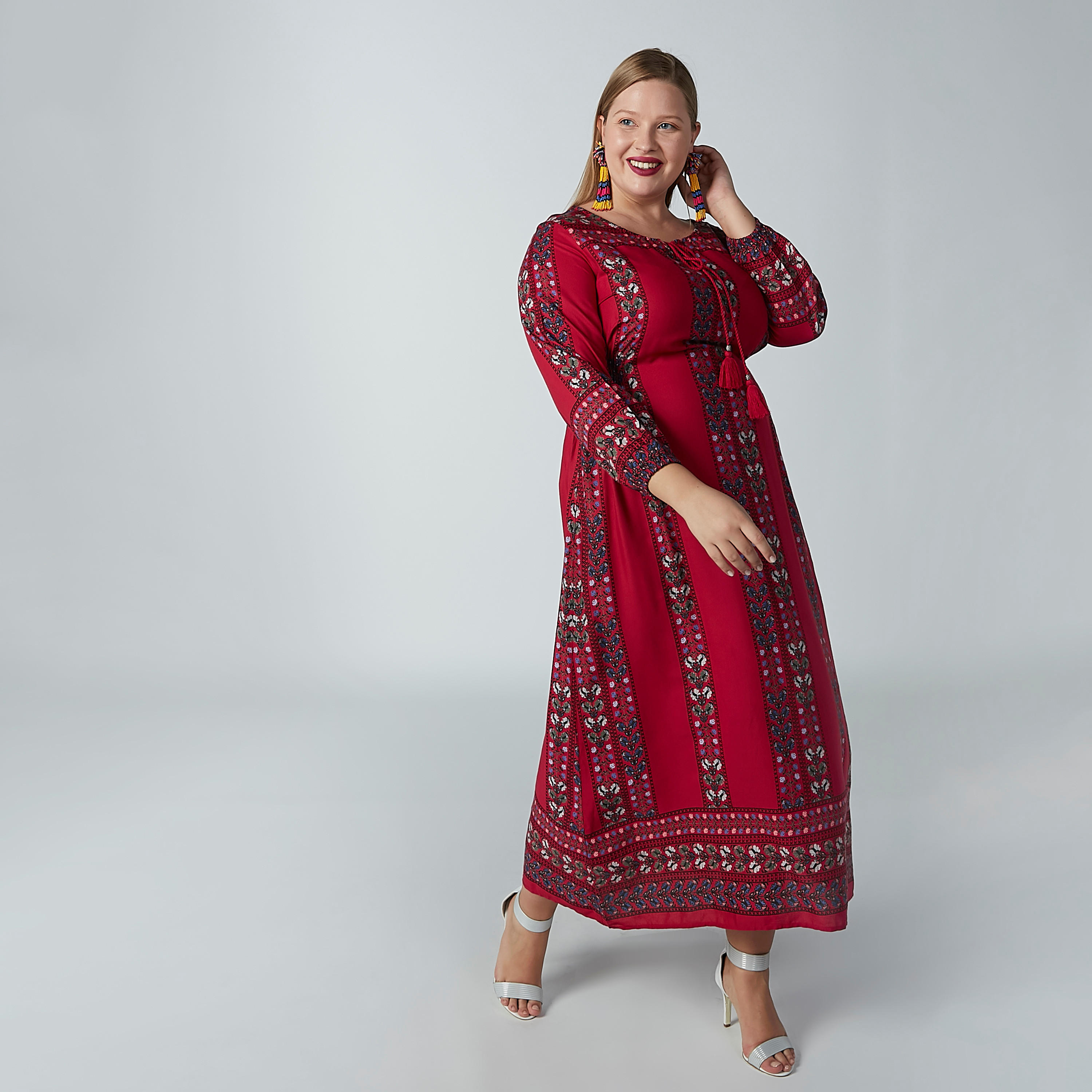فستان طويل إيه لاين بياقة مستديرة وأكمام طويلة وطبعات-women-clothing-dresses-image-1
