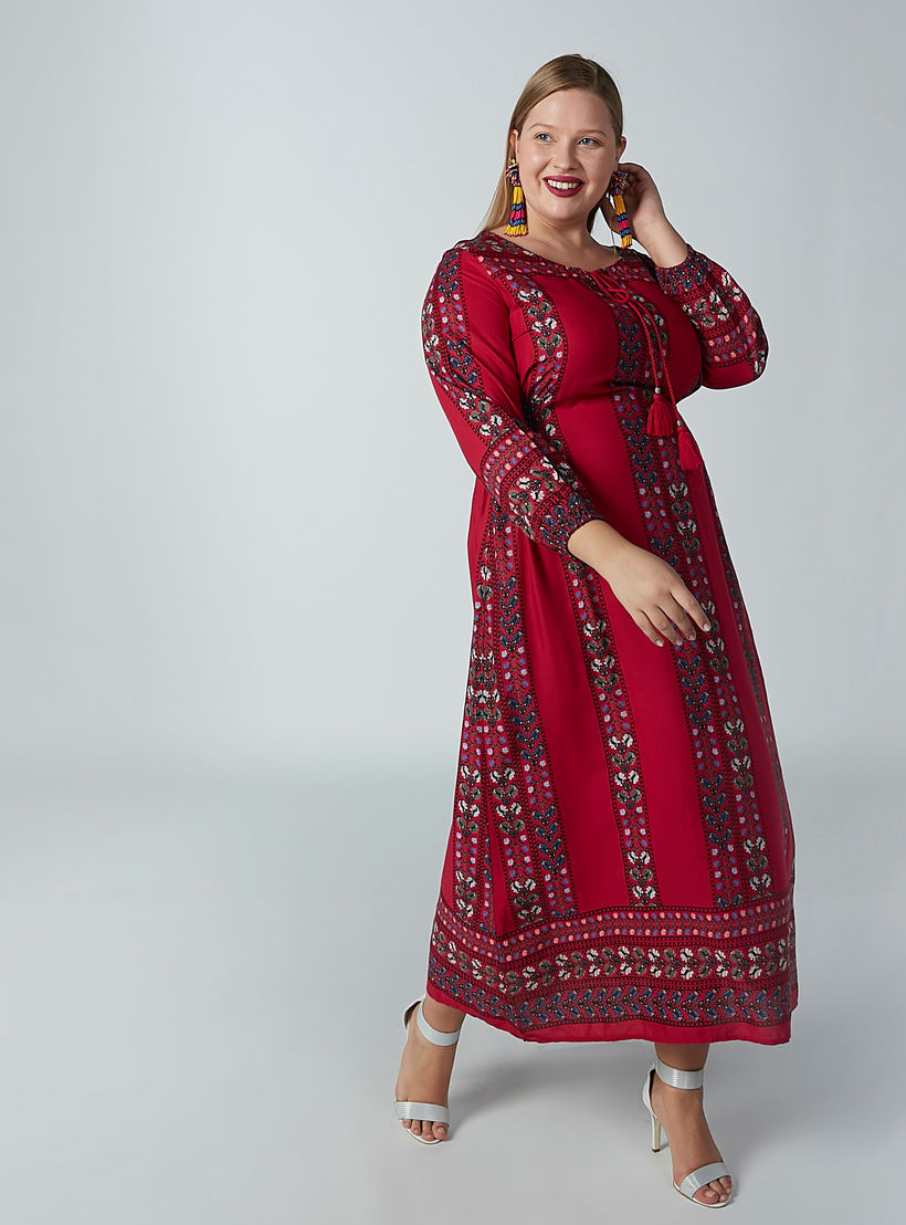فستان طويل إيه لاين بياقة مستديرة وأكمام طويلة وطبعات-women-clothing-dresses-image-1