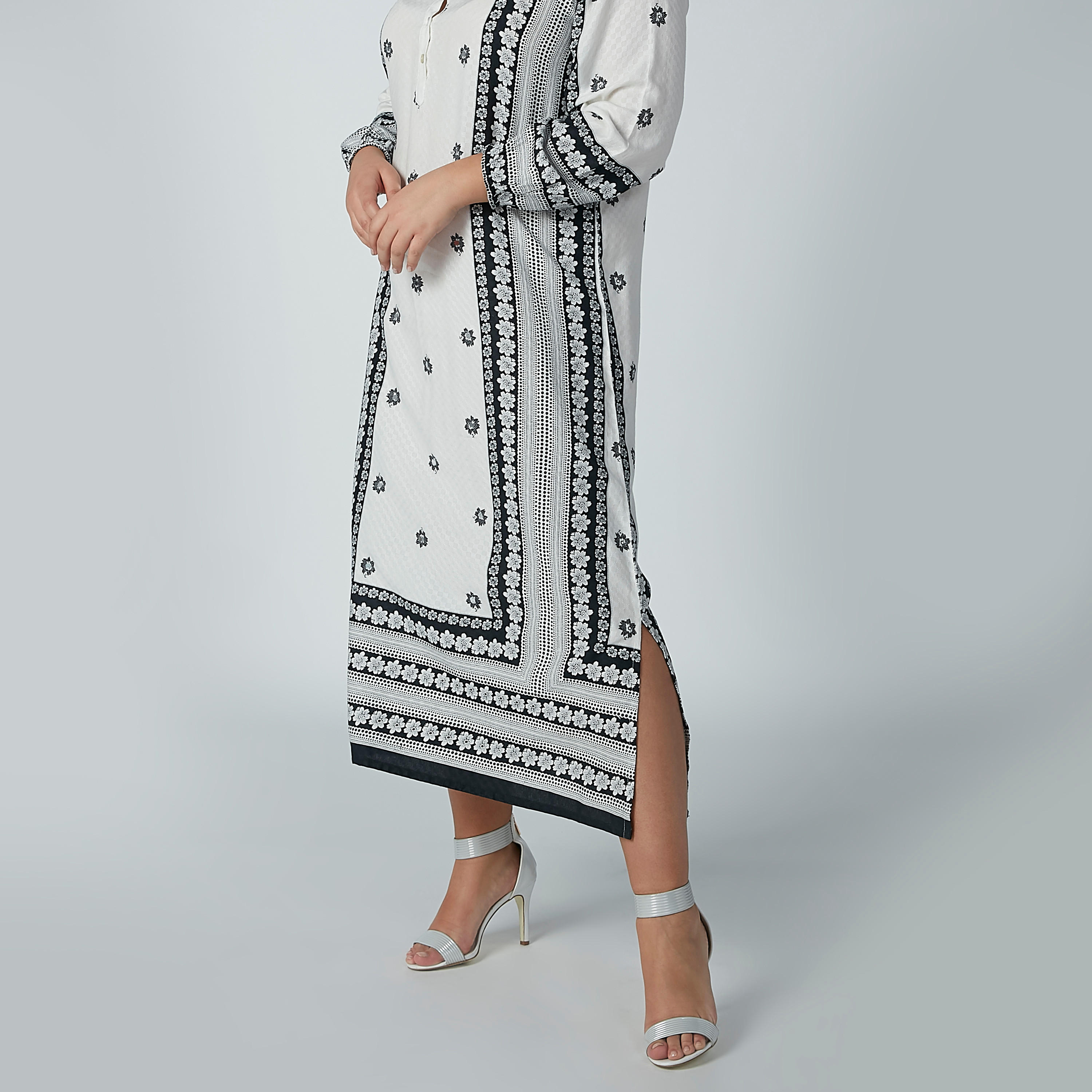 فستان طويل منقوش بأكمام طويلة وفتحة جانبية-women-clothing-dresses-image-5