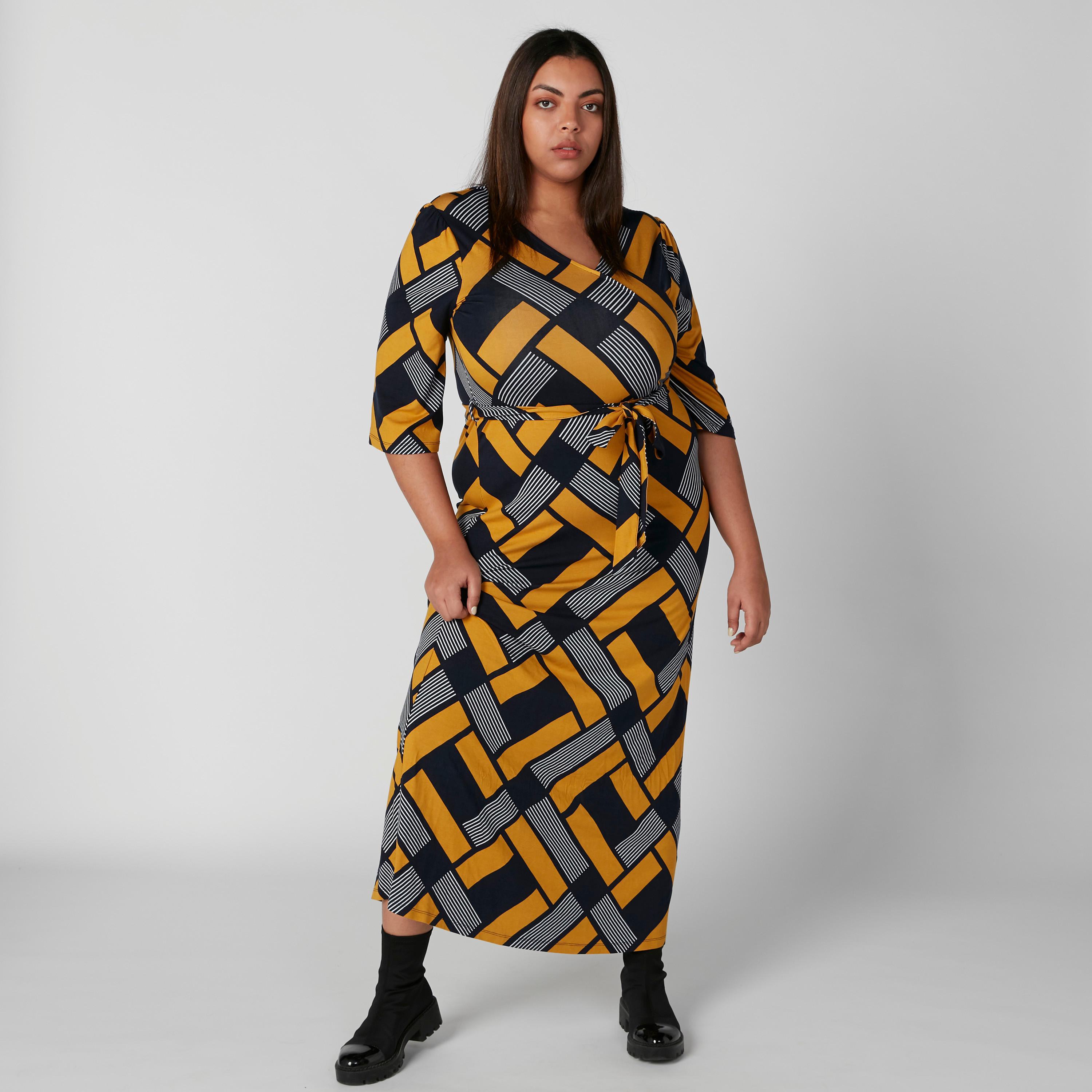 فستان طويل بأكمام 3/4 وحزام رباط وطبعات-women-clothing-dresses-image-3