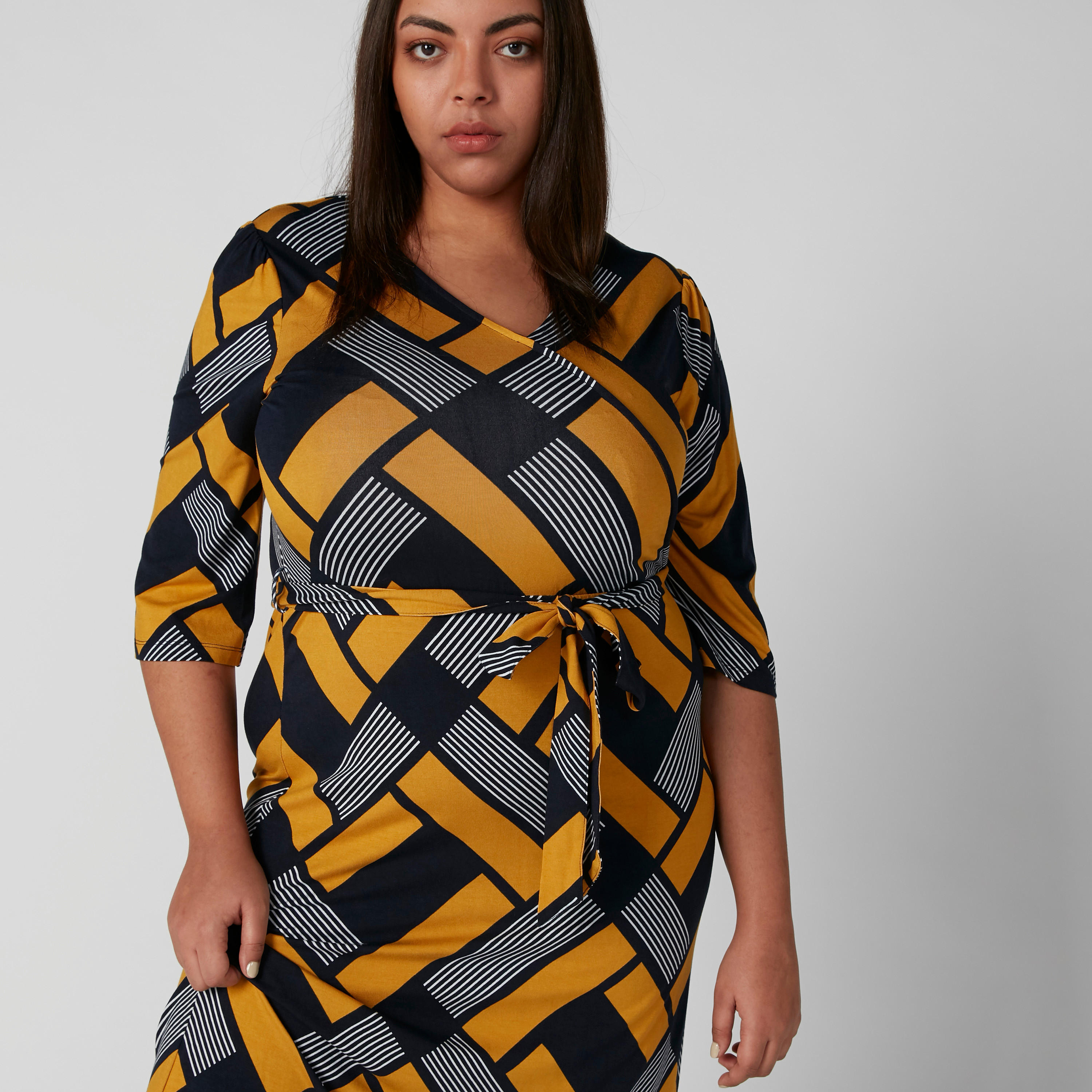 فستان طويل بأكمام 3/4 وحزام رباط وطبعات-women-clothing-dresses-image-4