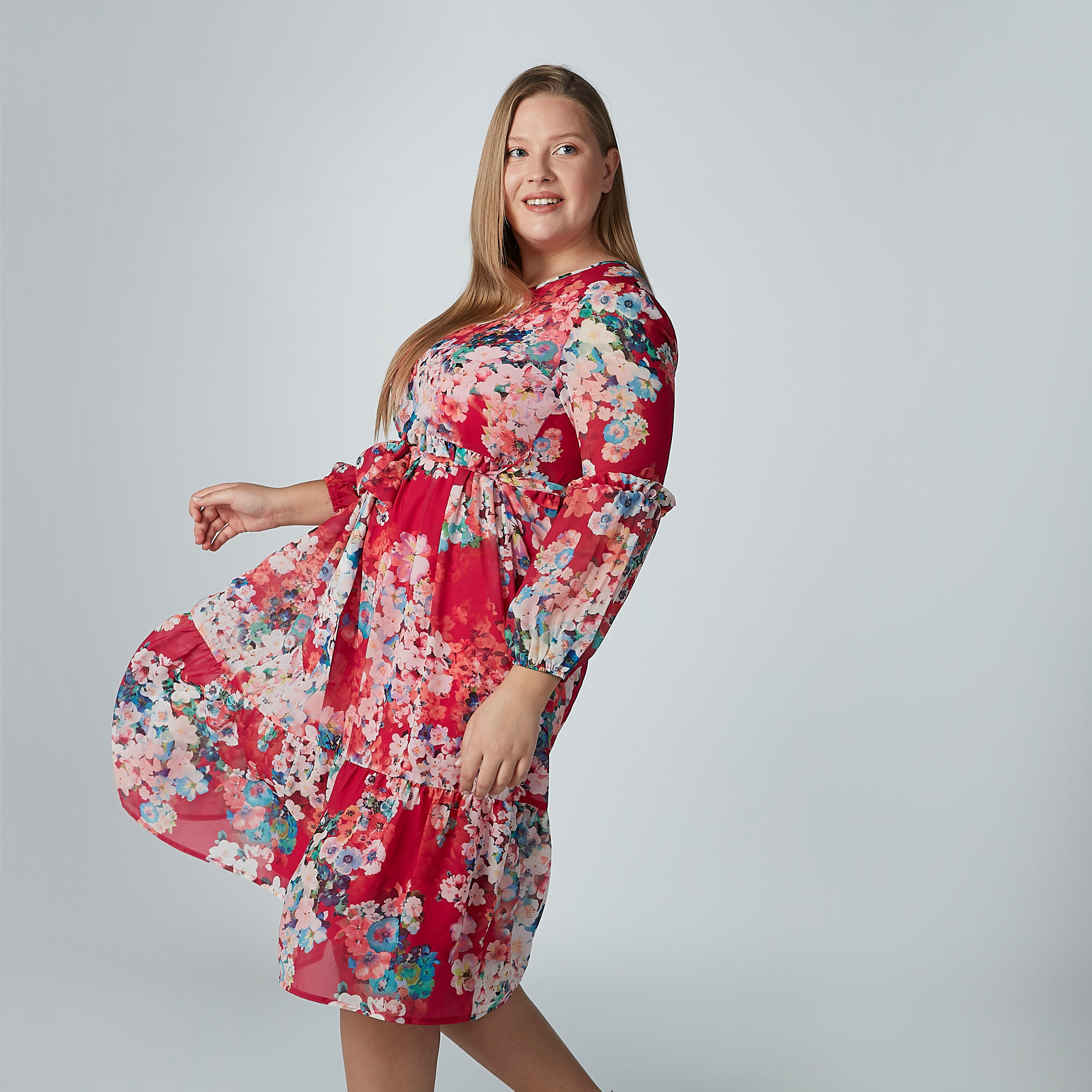Floral Printed A-line Midi Dress with Round Neck and Long Sleeves-women-clothing-dresses-image-1