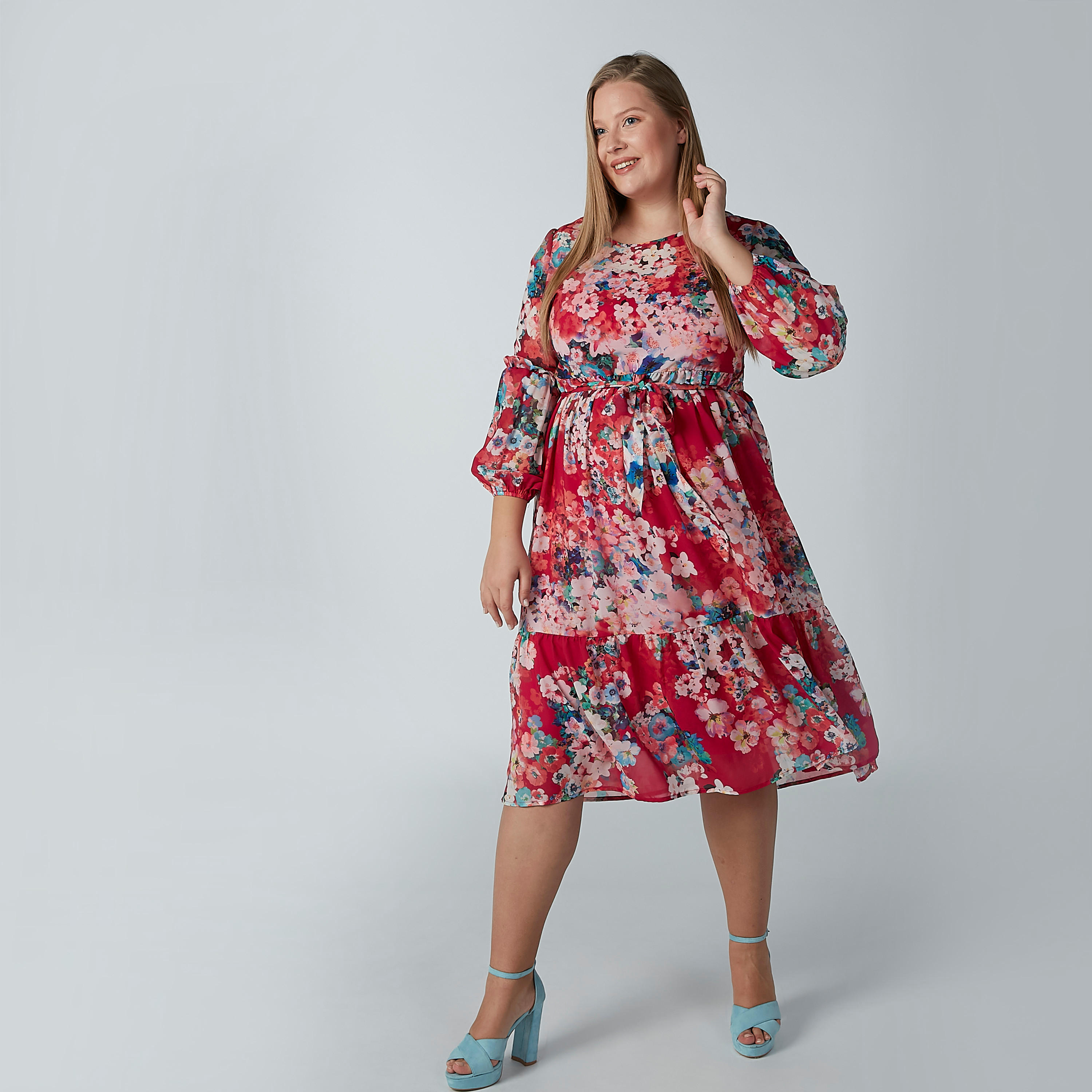 Floral Printed A-line Midi Dress with Round Neck and Long Sleeves-women-clothing-dresses-image-2
