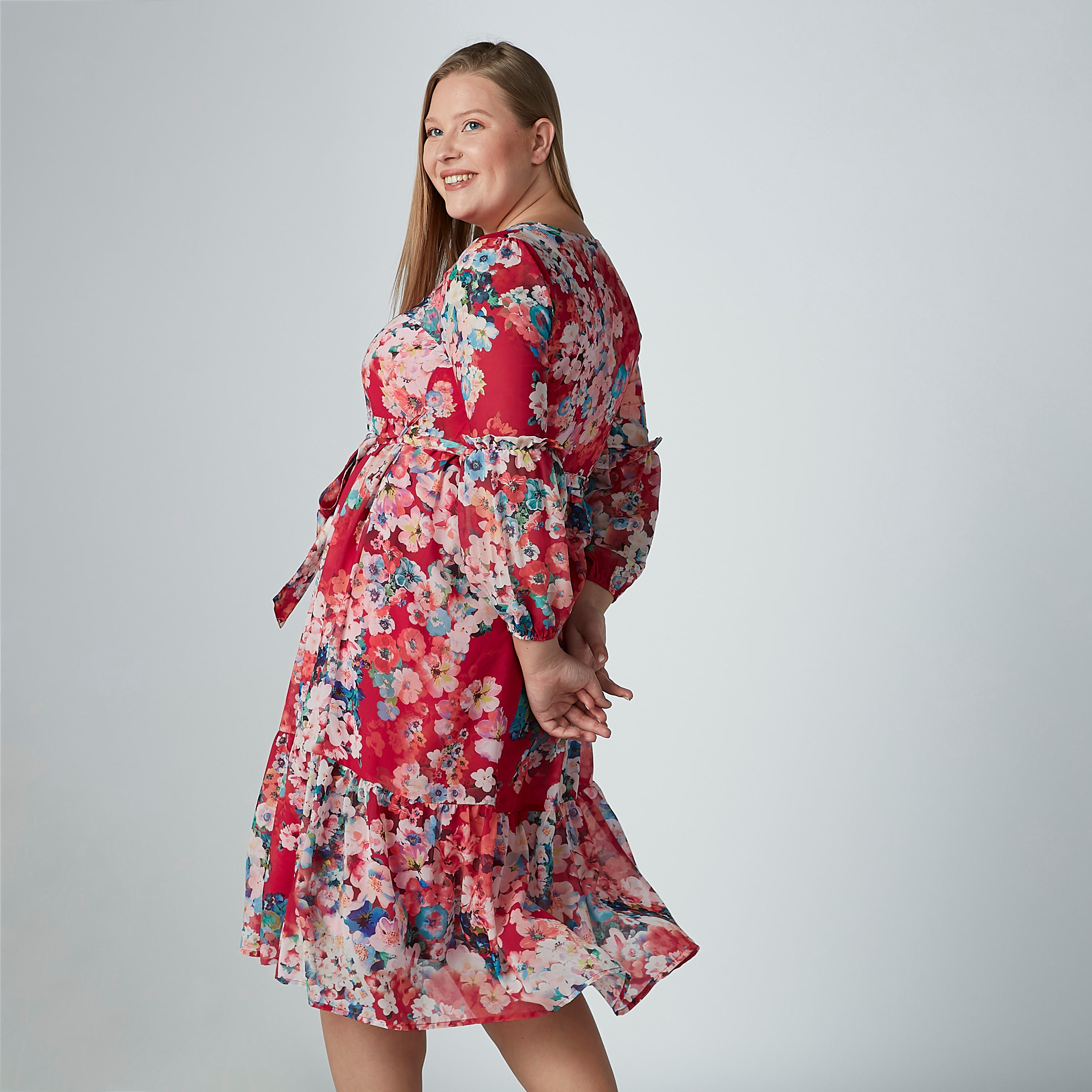 Floral Printed A-line Midi Dress with Round Neck and Long Sleeves-women-clothing-dresses-image-3